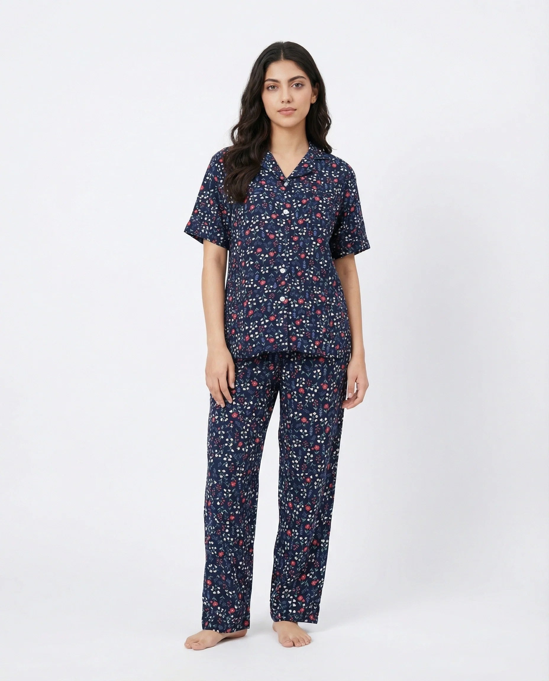 Sajiero Linen Pajama Suit Midnight Flora Blue