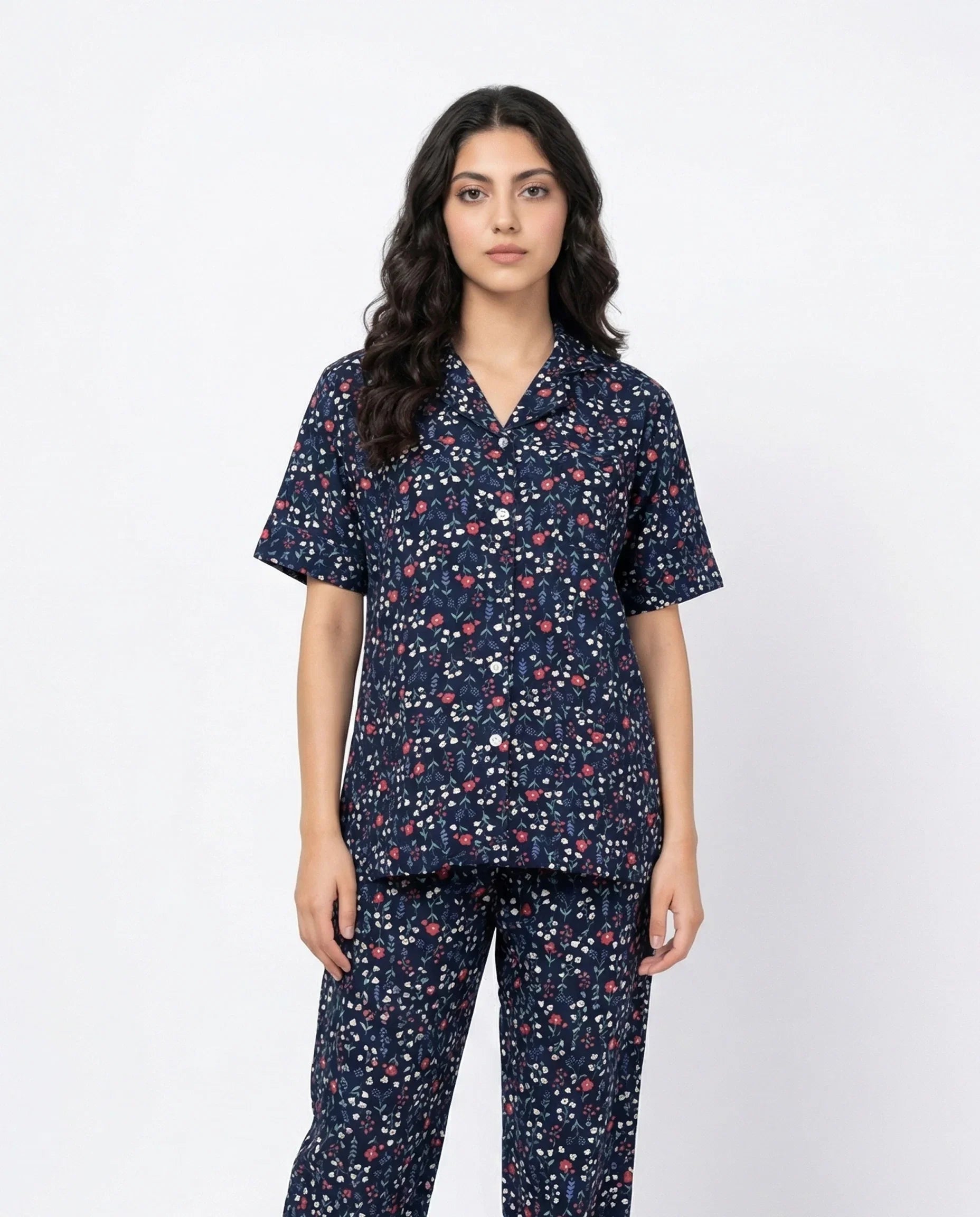 Sajiero Linen Pajama Suit Midnight Flora Blue