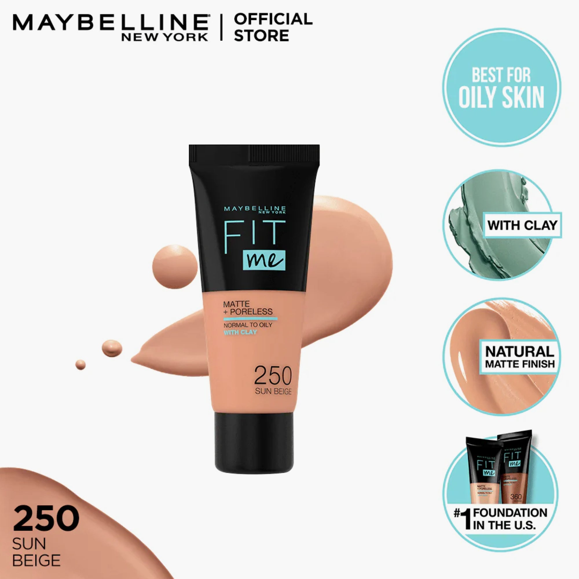 Maybelline Fit Me Matte+Poreless Liquid Foundation With Clay Normal to Oily 250 Sun Beige Tube 30ml