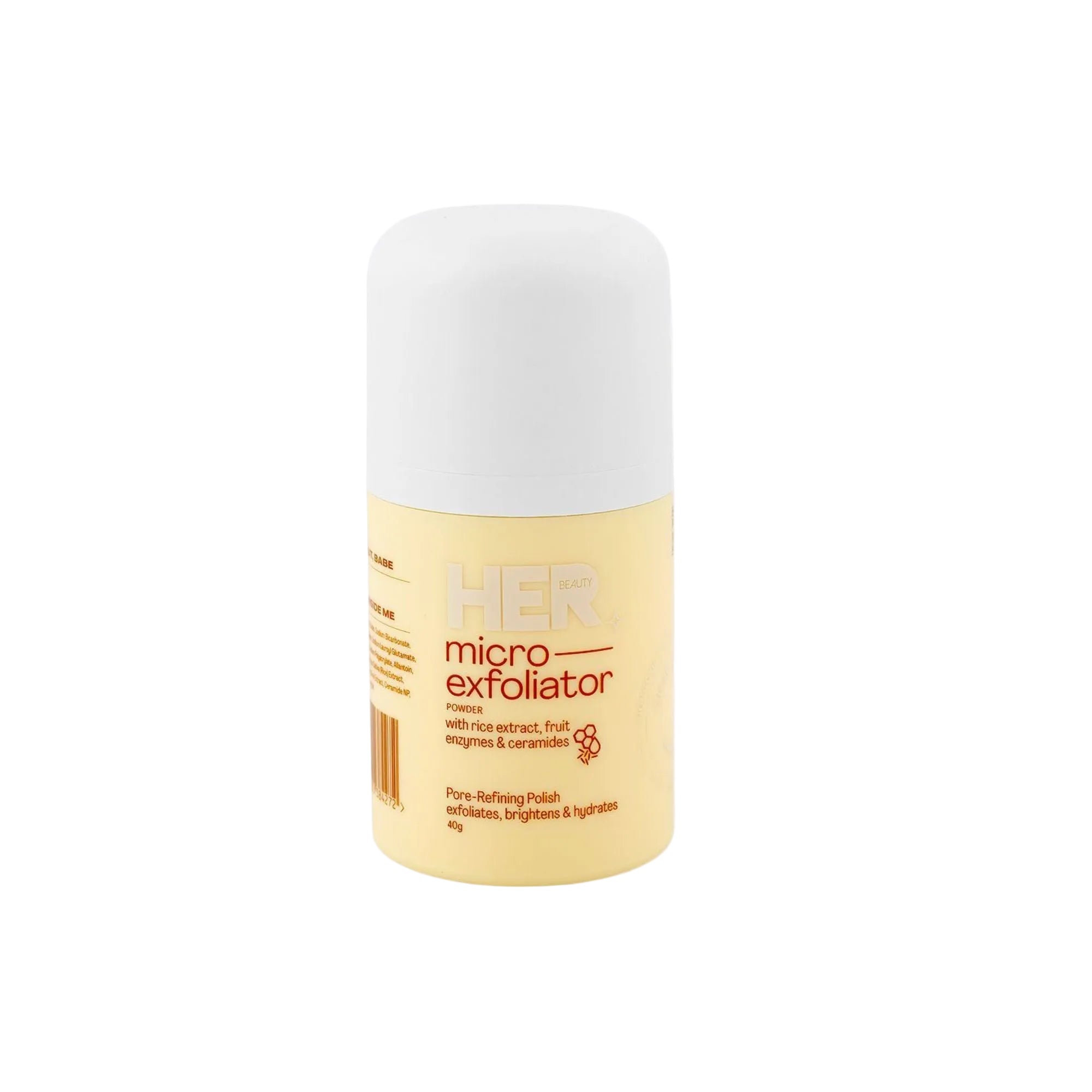Bottle of 'HER micro exfoliator' on a white background