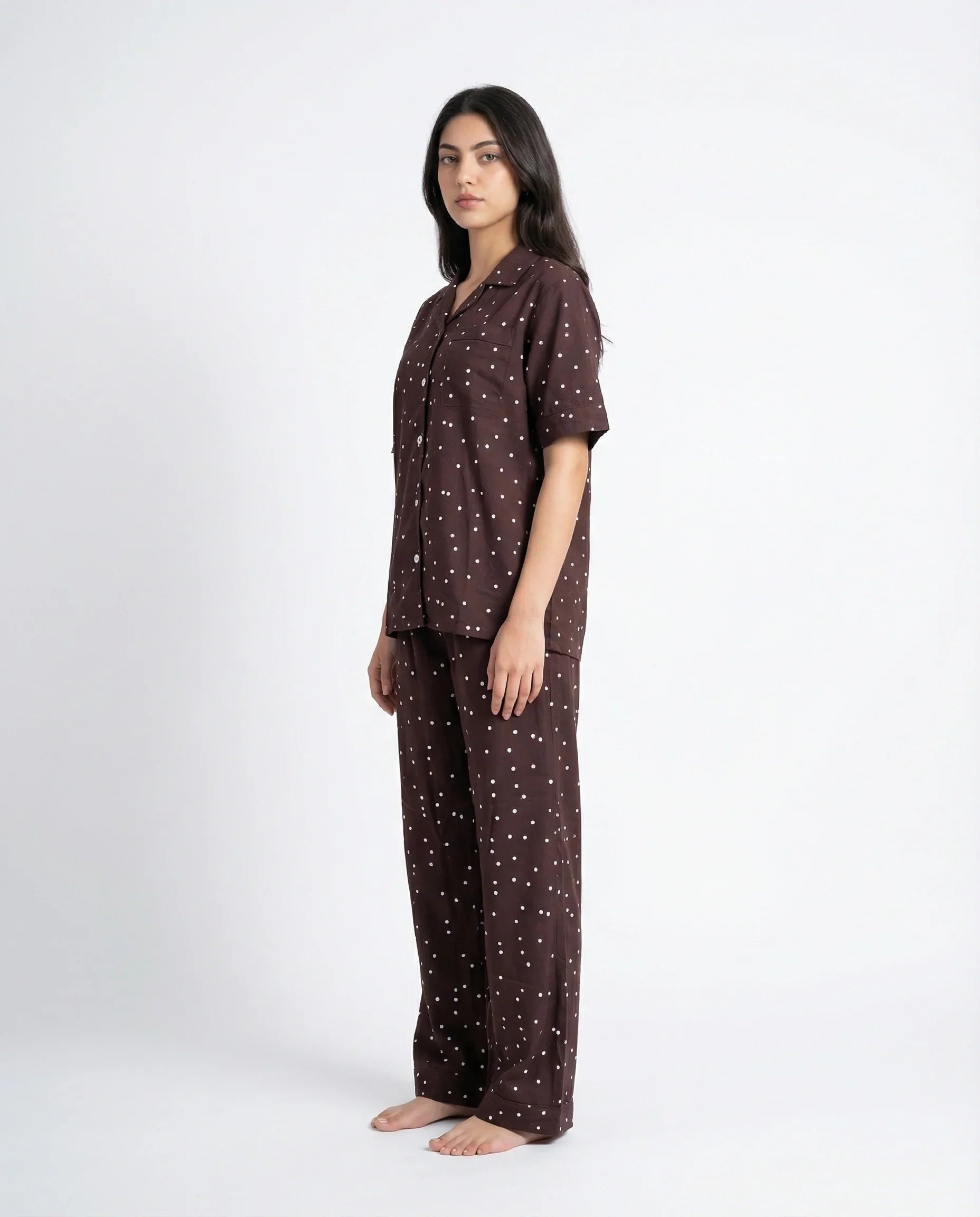 Sajiero Linen Pajama Suit Mocha Dot