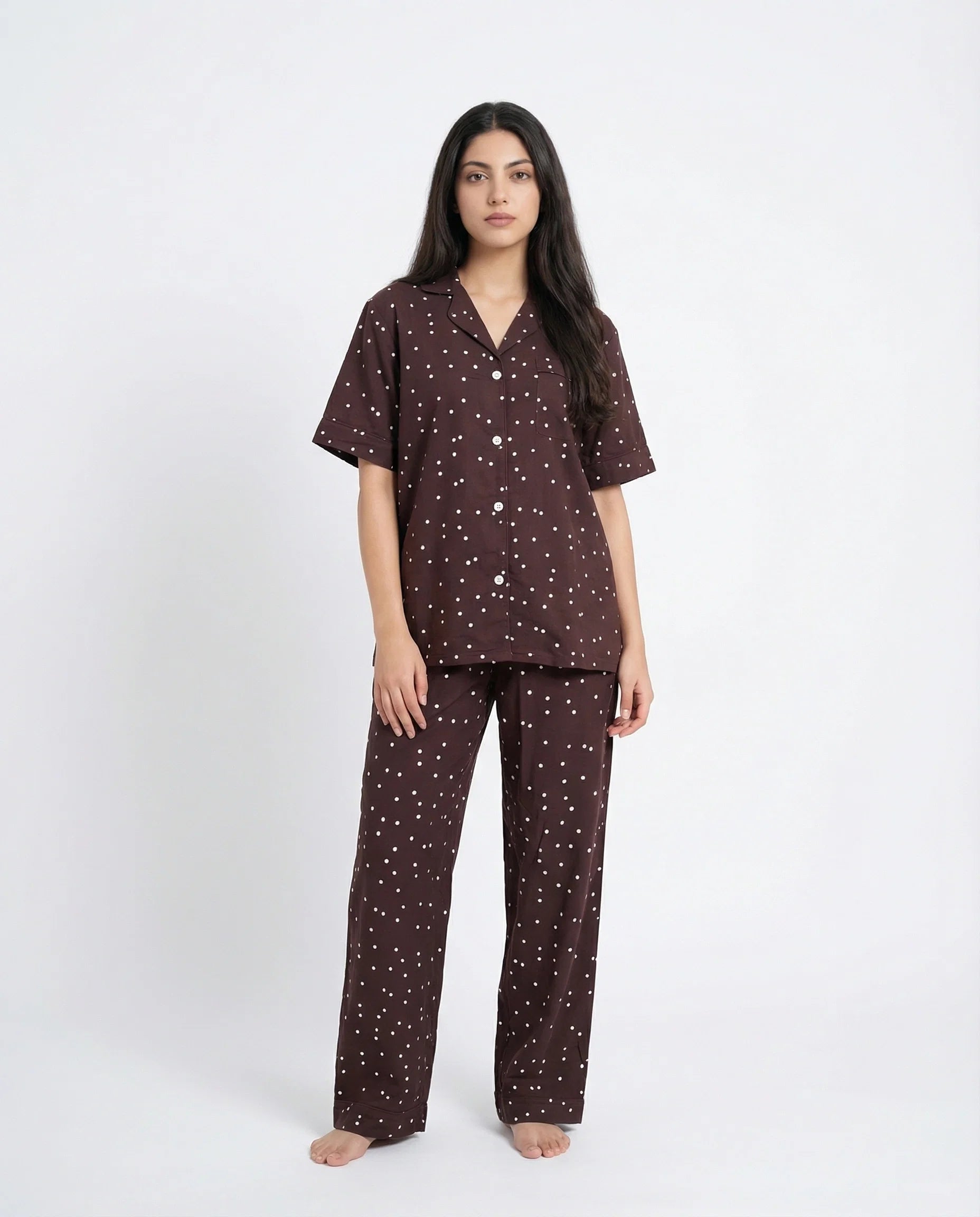 Sajiero Linen Pajama Suit Mocha Dot