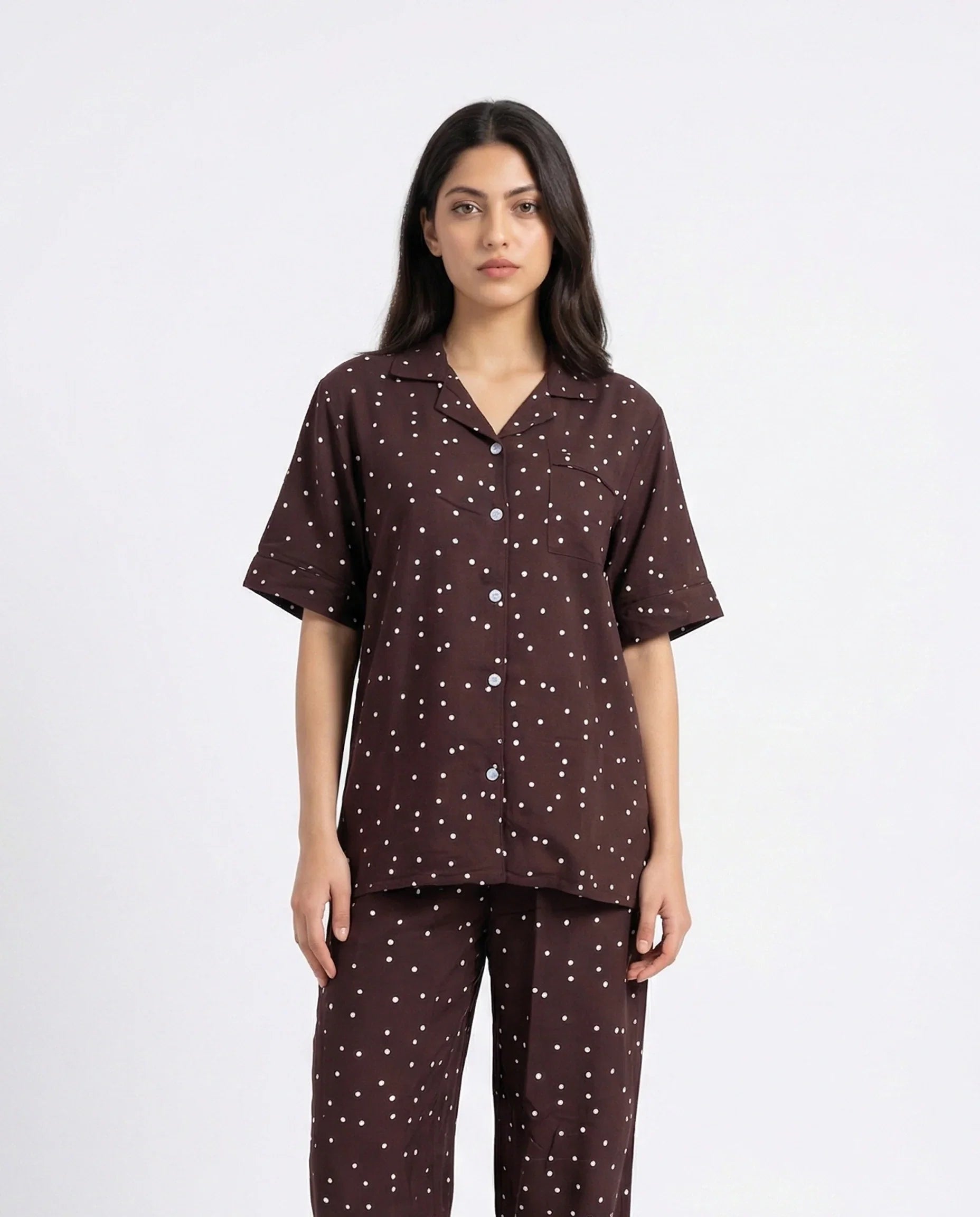 Sajiero Linen Pajama Suit Mocha Dot