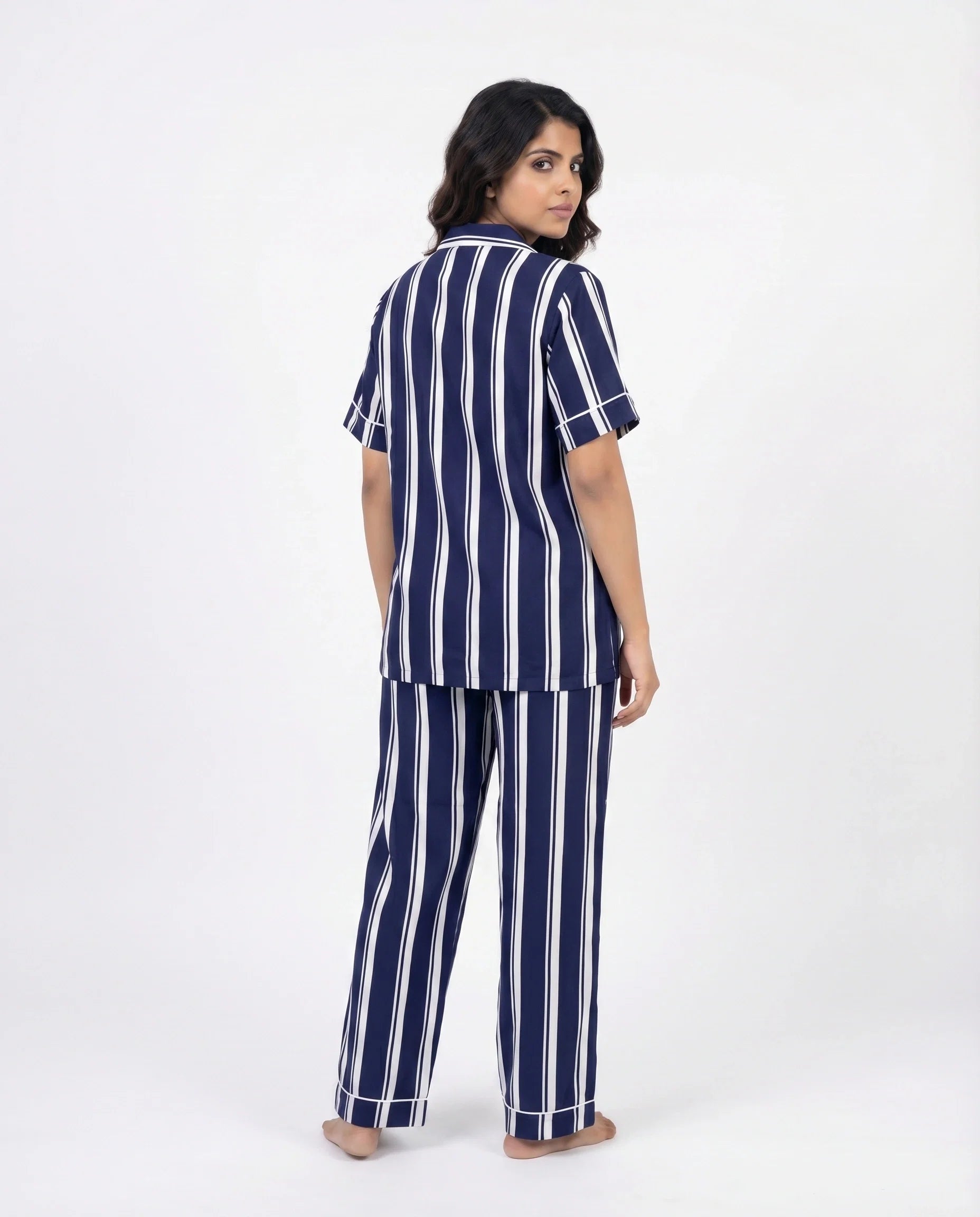 Sajiero Linen PJ Set Navy Stripe