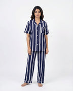 Sajiero Linen PJ Set Navy Stripe