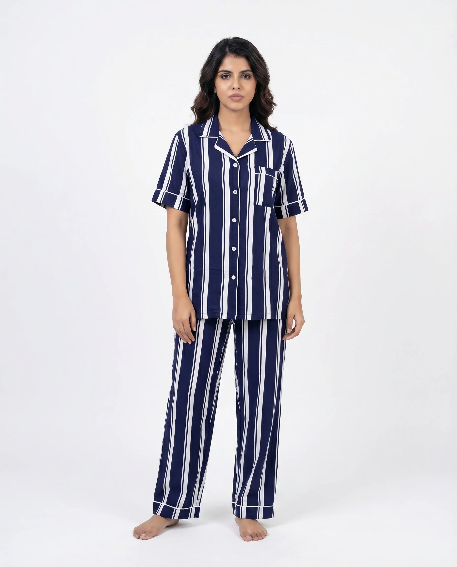 Sajiero Linen PJ Set Navy Stripe