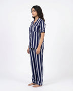 Sajiero Linen PJ Set Navy Stripe