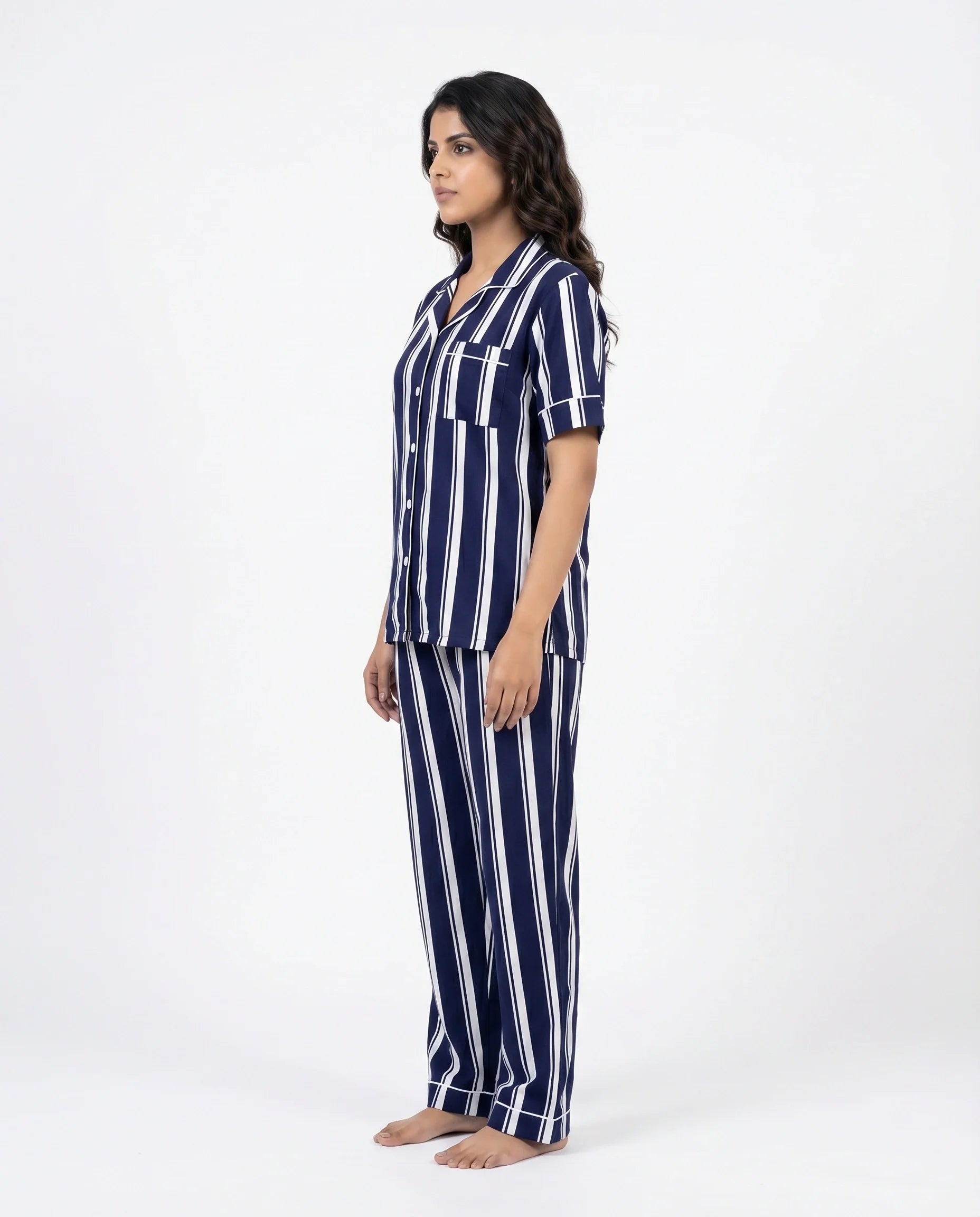 Sajiero Linen PJ Set Navy Stripe