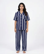 Sajiero Linen PJ Set Navy Stripe