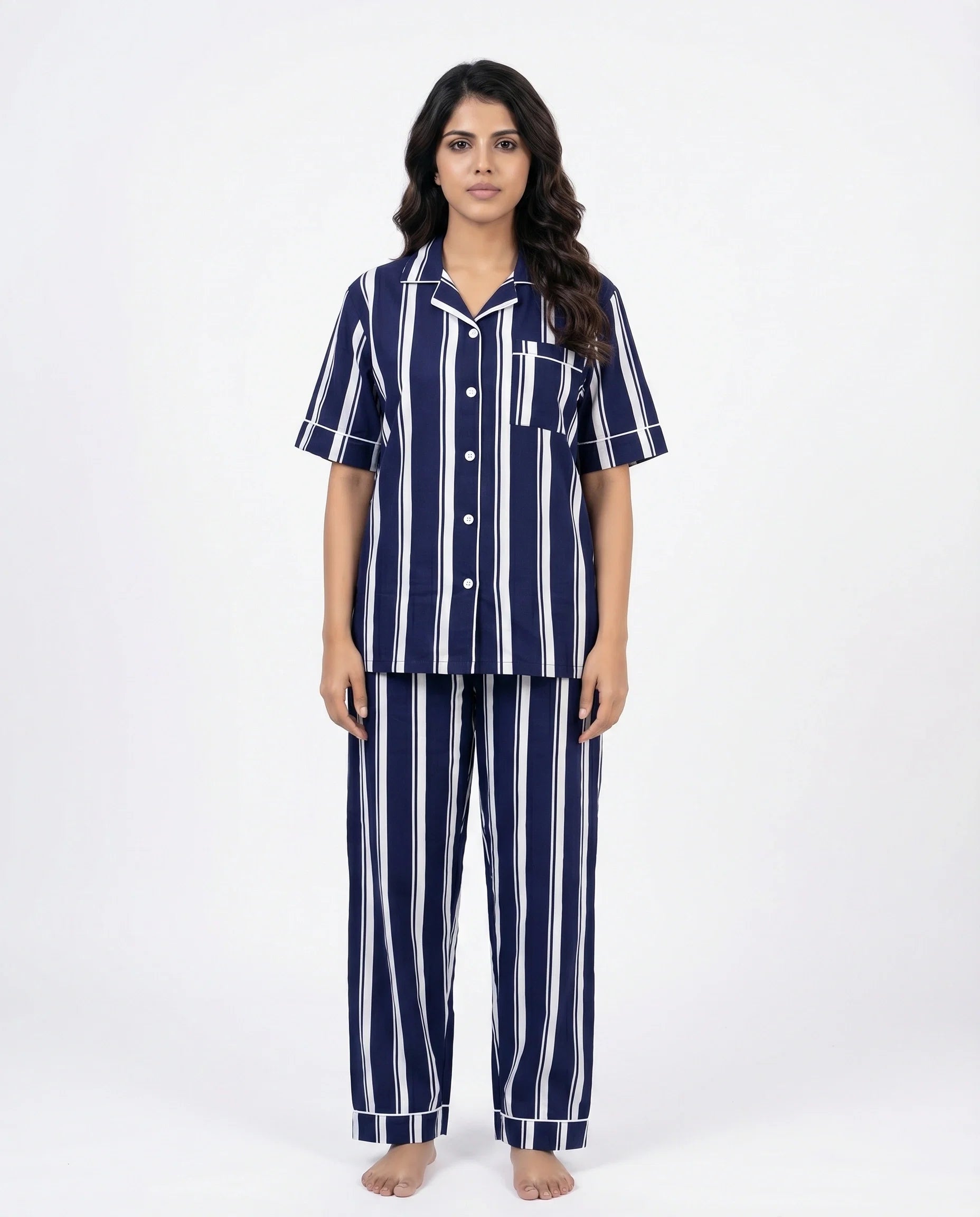 Sajiero Linen PJ Set Navy Stripe