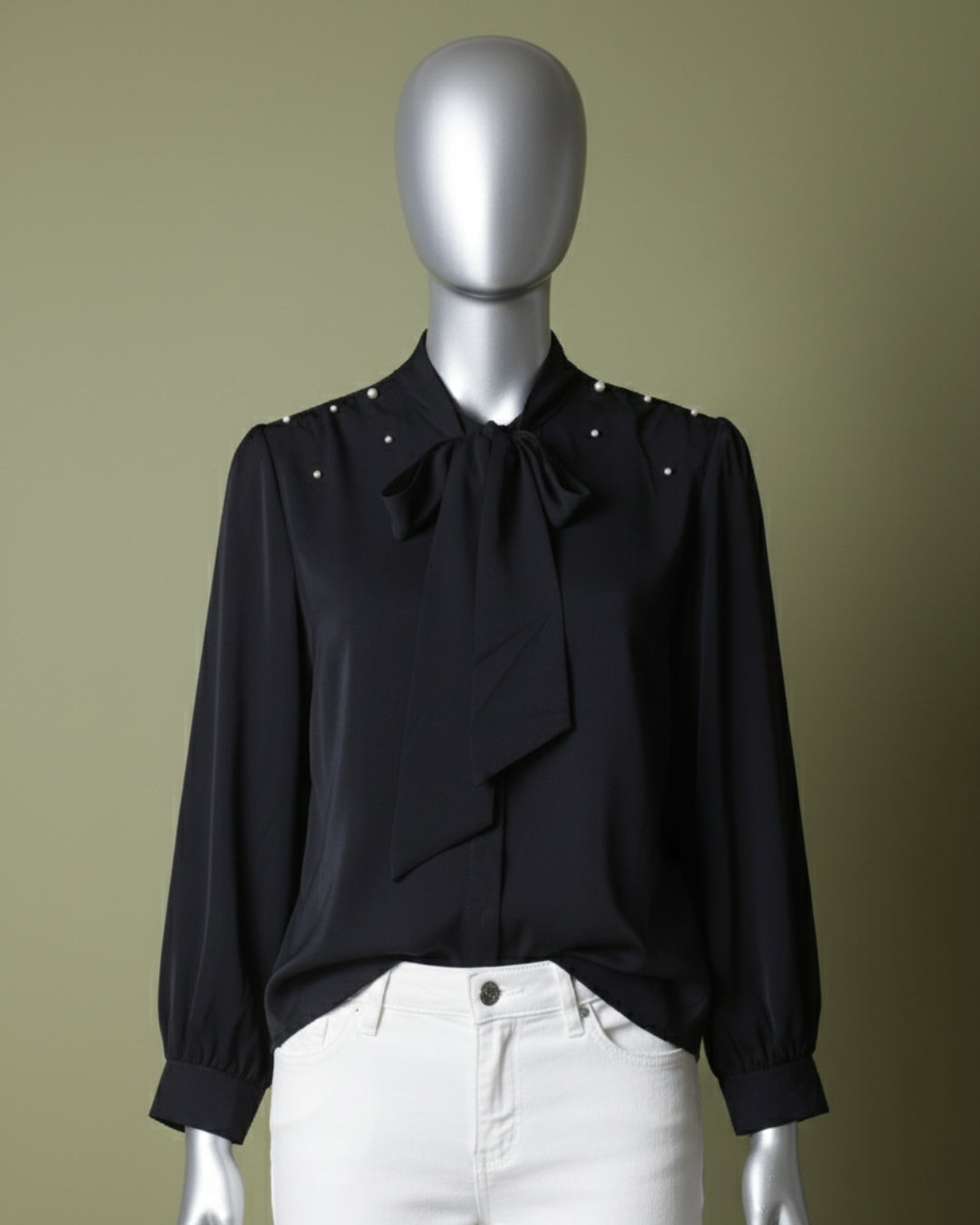 Loom Pakistan Pearly Bow Neck Top Black
