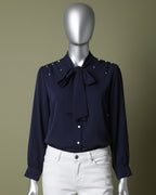Loom Pakistan Pearly Bow Neck Top Navy Blue