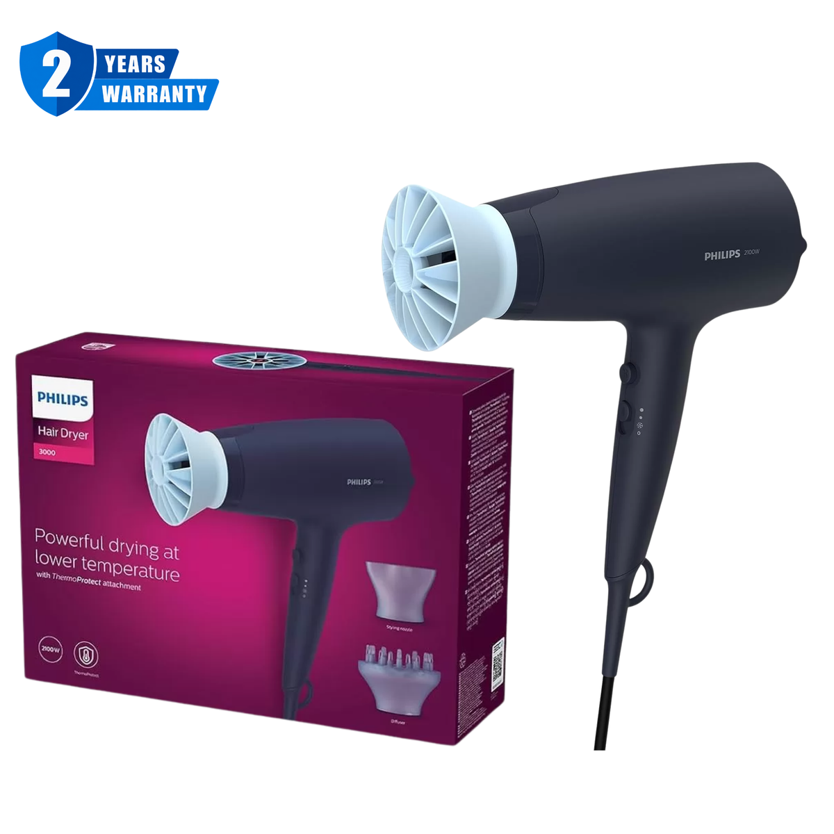 Philips 3000 Series Hair Dryer ThermoProtect Ionic Diffuser 2100W BHD360 20