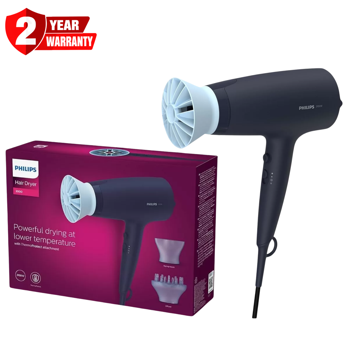 Philips 3000 Series Hair Dryer ThermoProtect Ionic Diffuser 2100W BHD360 20