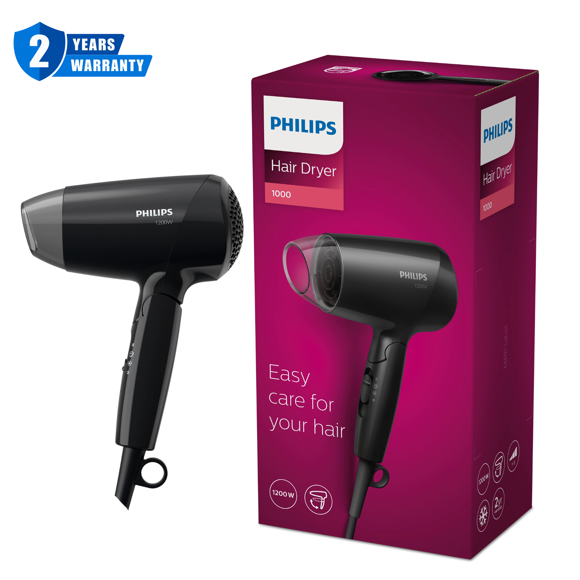 Philips EssentialCare Hair Dryer Compact Black 1200W BHC010 10