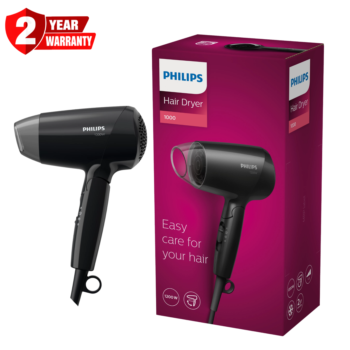 Philips EssentialCare Hair Dryer Compact Black 1200W BHC010 10
