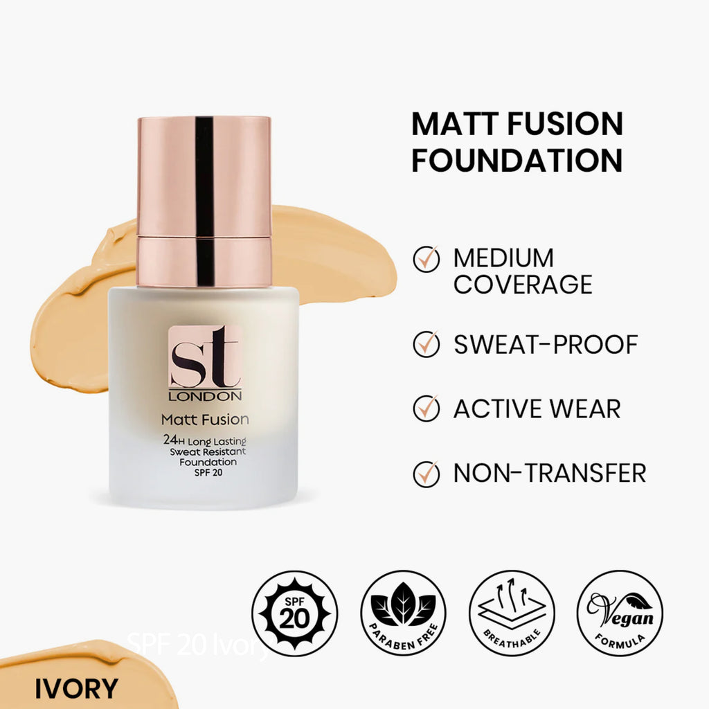 ST London Matt Fusion 24H Long Lasting Sweat Resistant Foundation SPF 20 Ivory 30ml