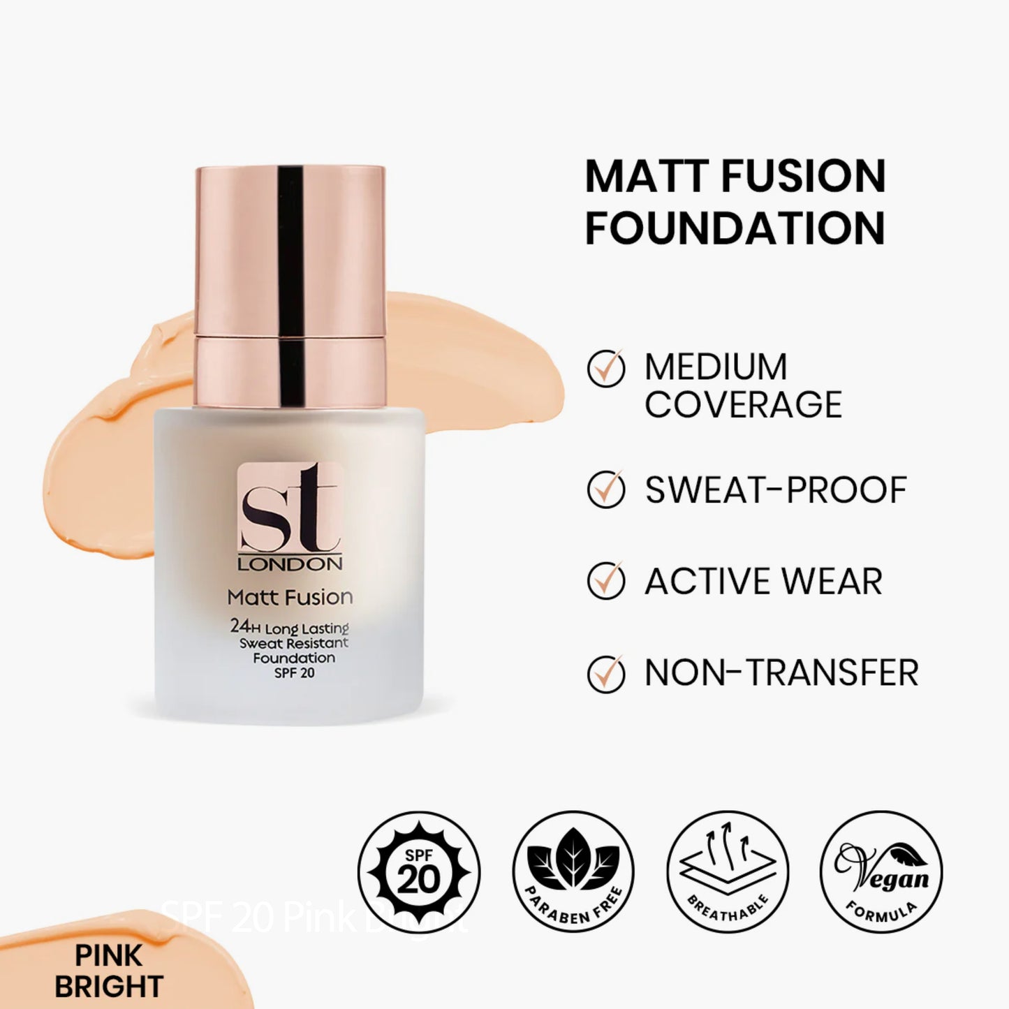 ST London Matt Fusion 24H Long Lasting Sweat Resistant Foundation SPF 20 Pink Bright 30ml