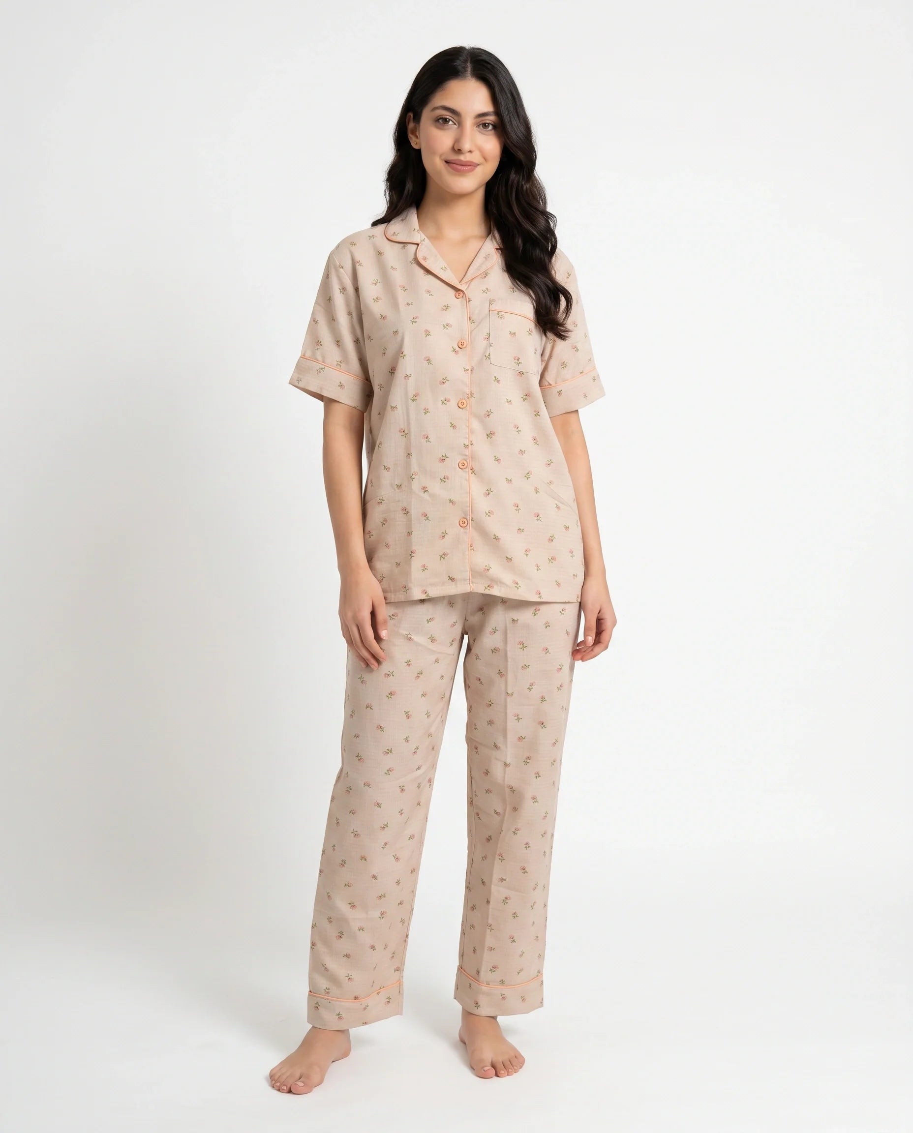 Sajiero Summer Crinkled Pajama Suit Flora Brown