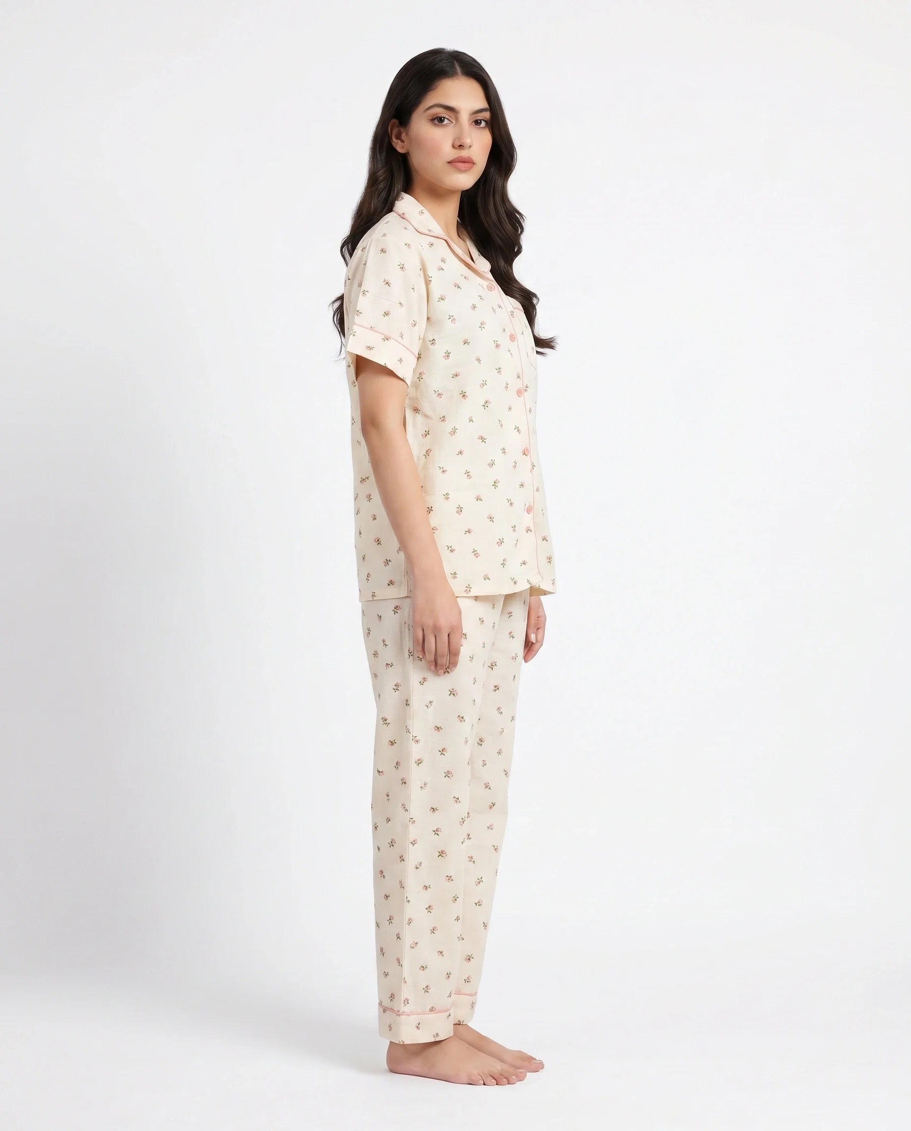 Sajiero Summer Crinkled Pajama Suit Flora Beige