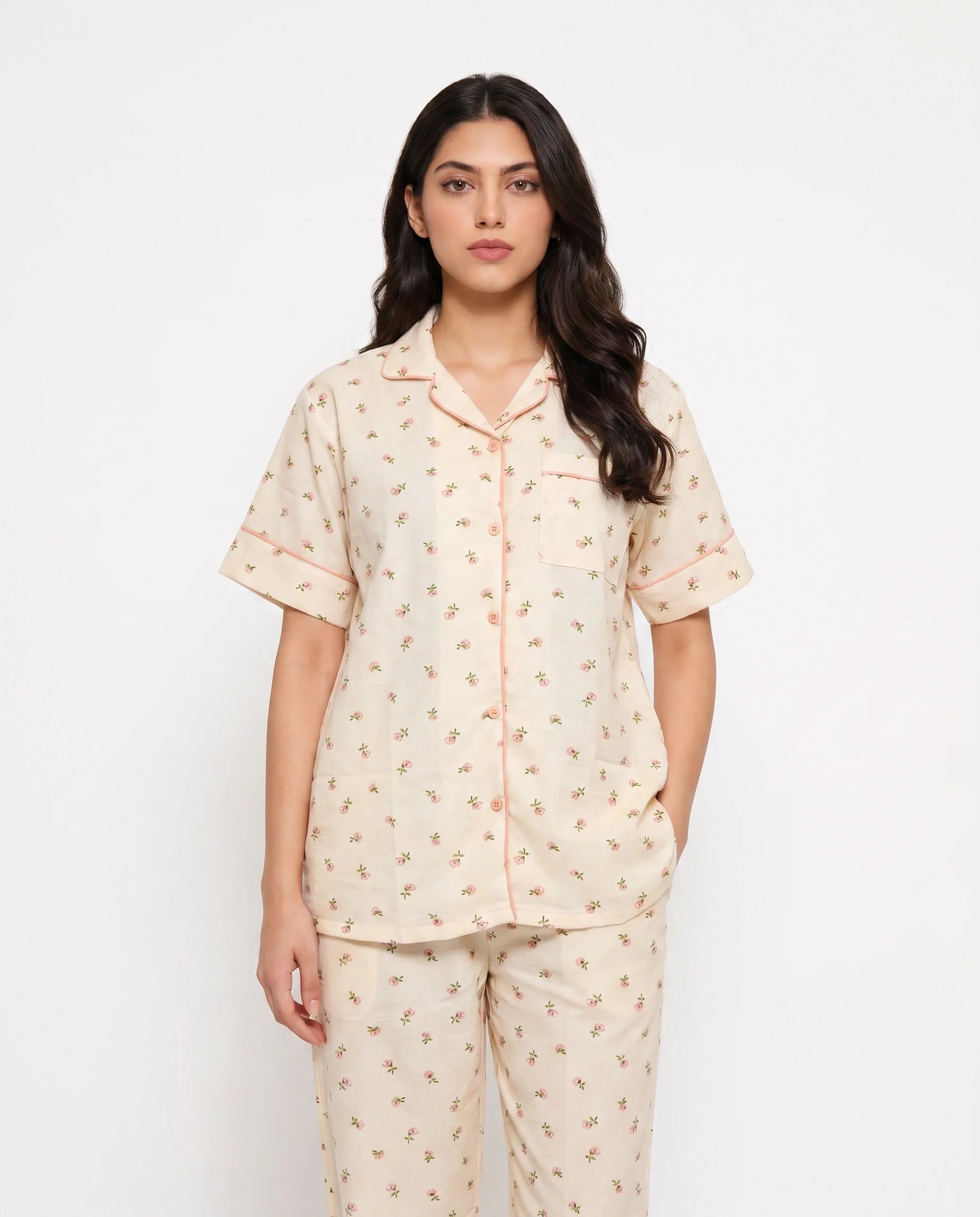 Sajiero Summer Crinkled Pajama Suit Flora Beige