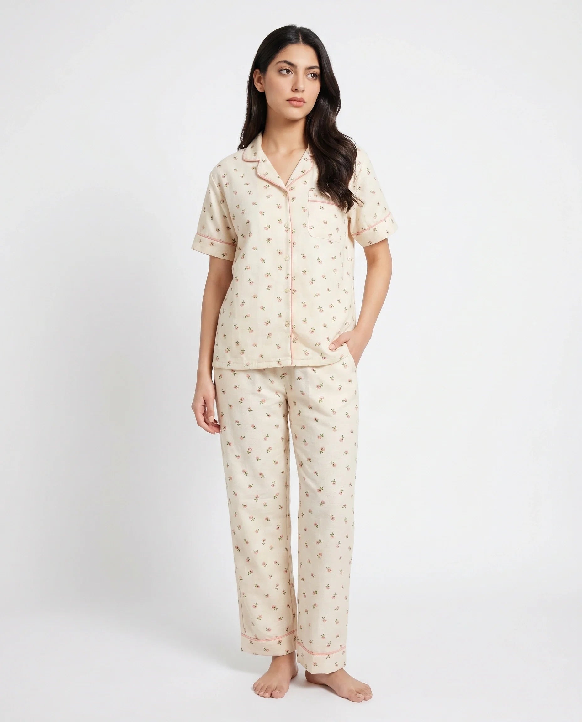 Sajiero Summer Crinkled Pajama Suit Flora Beige