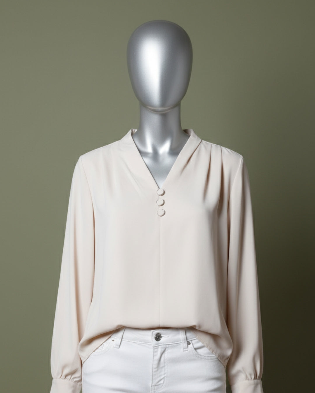 Loom Pakistan Triple Button V-Neck Top Beige