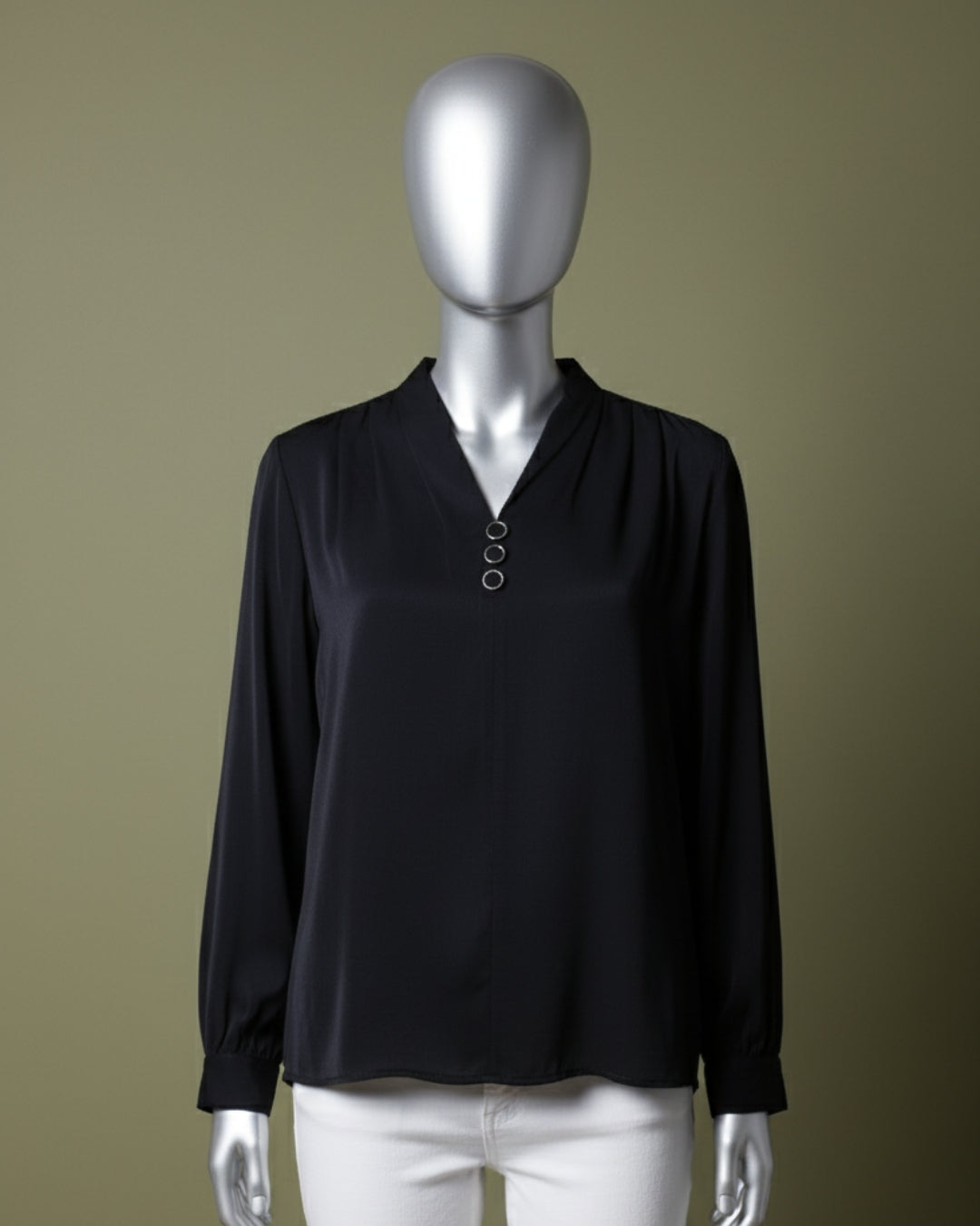 Loom Pakistan Triple Button V-Neck Top Black