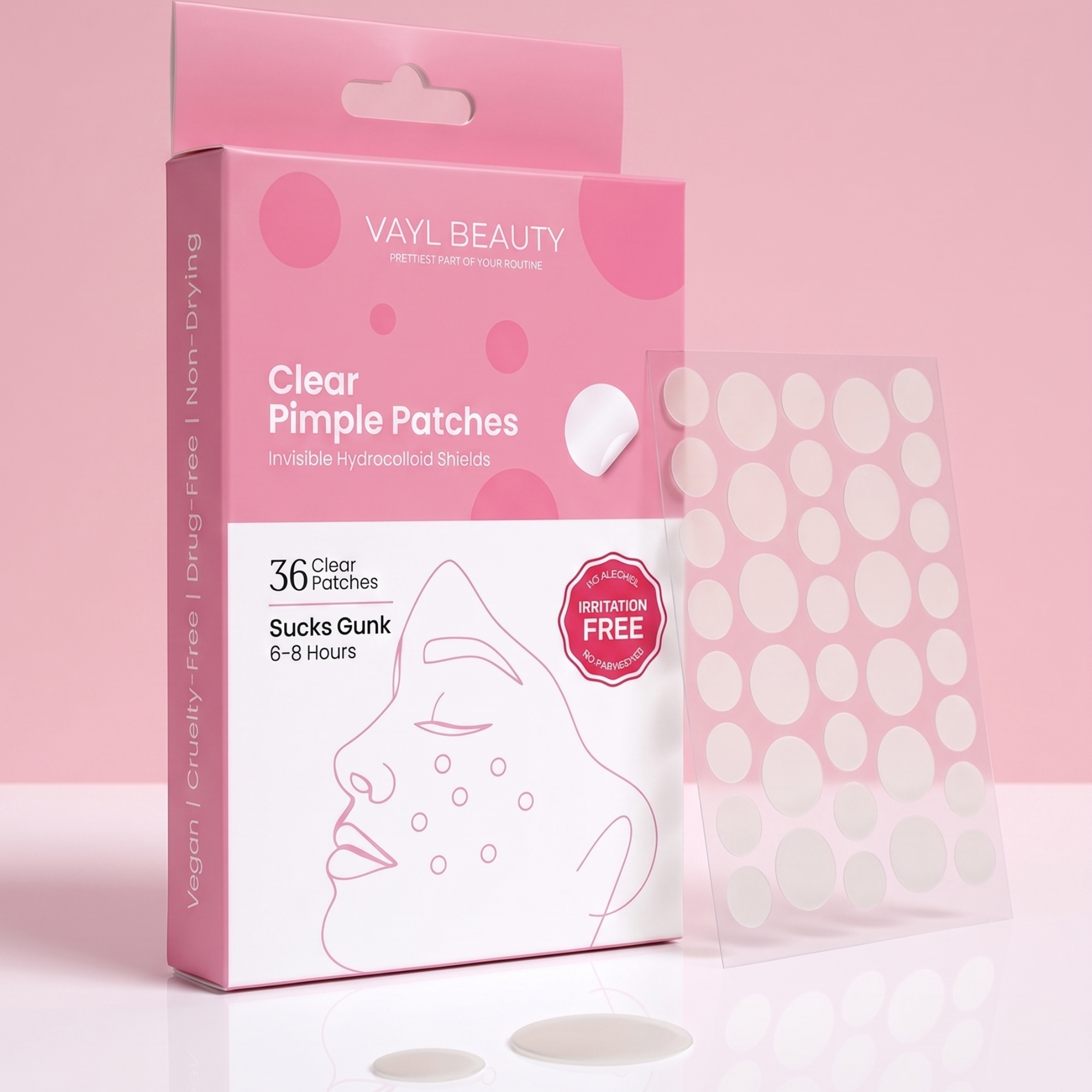 Varyl Beauty clear pimple patches packaging on a pink background