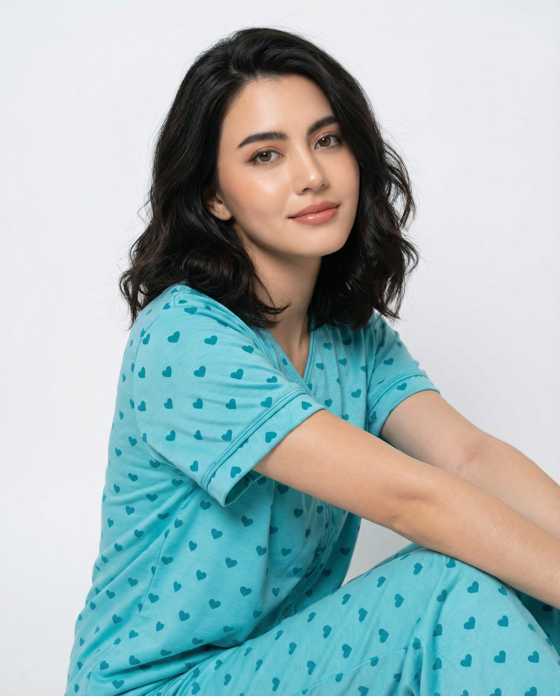 Sajiero Cotton PJ Set Heart Bliss Cyan