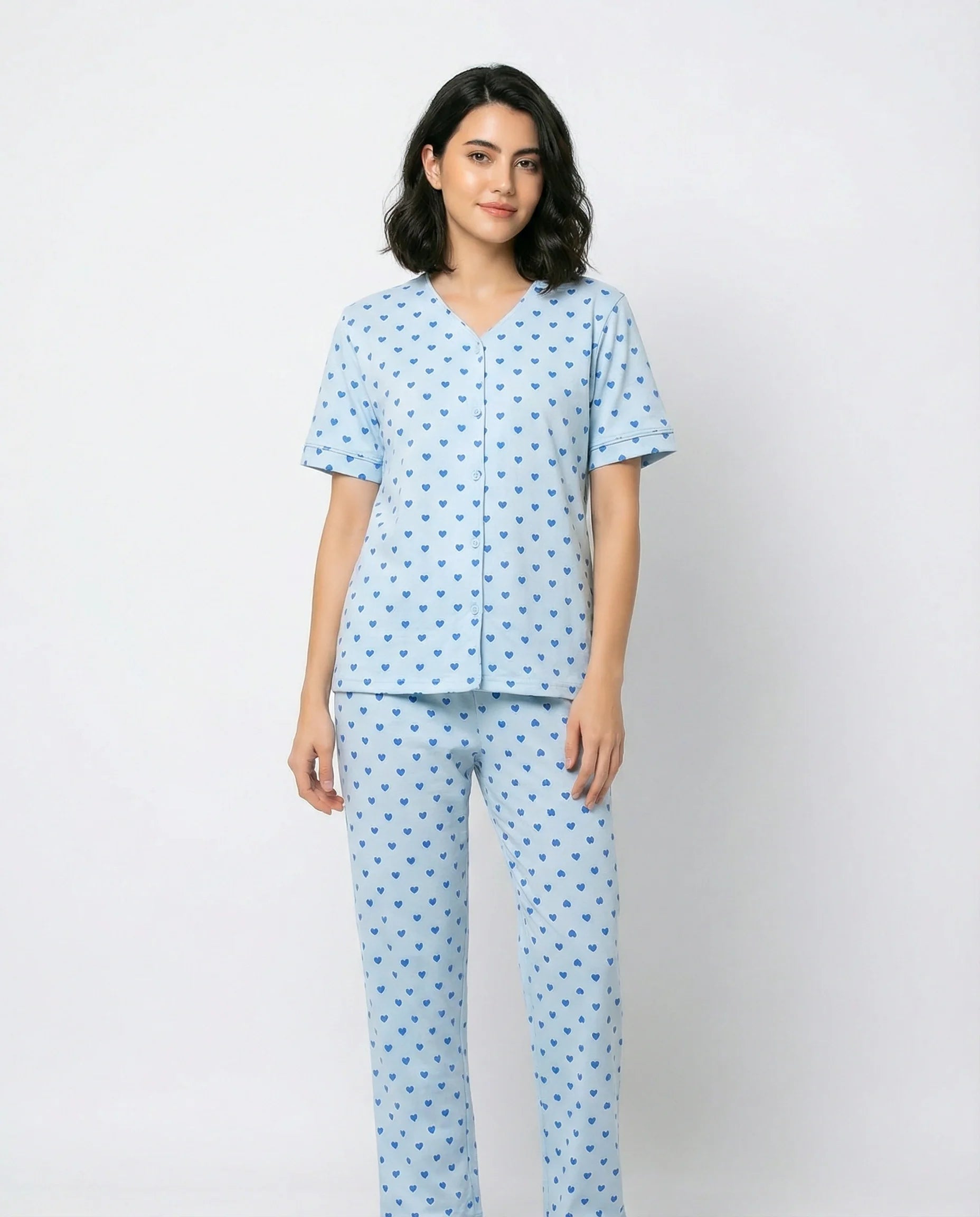 Sajiero Cotton PJ Set Heart Bliss Blue