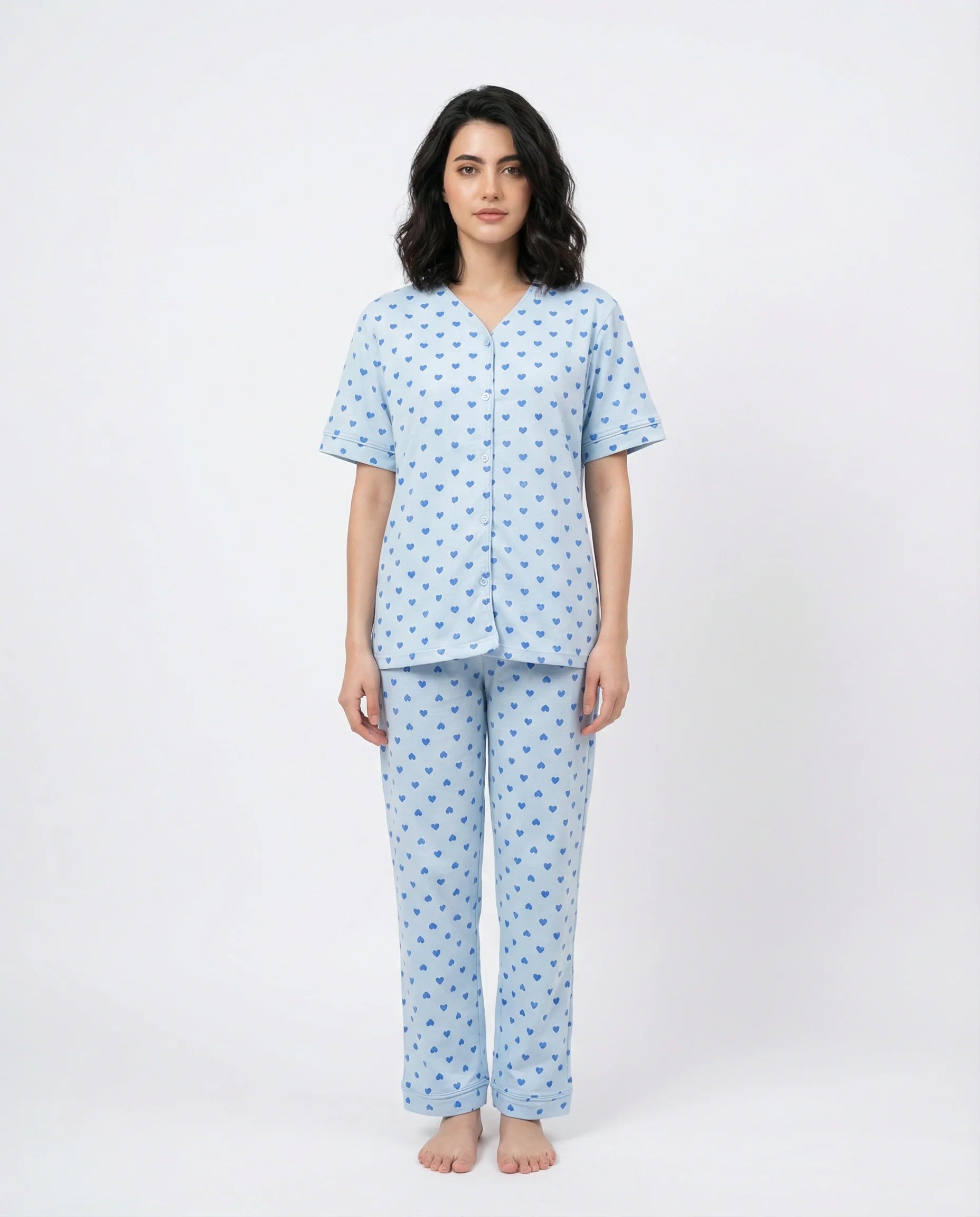 Sajiero Cotton PJ Set Heart Bliss Blue
