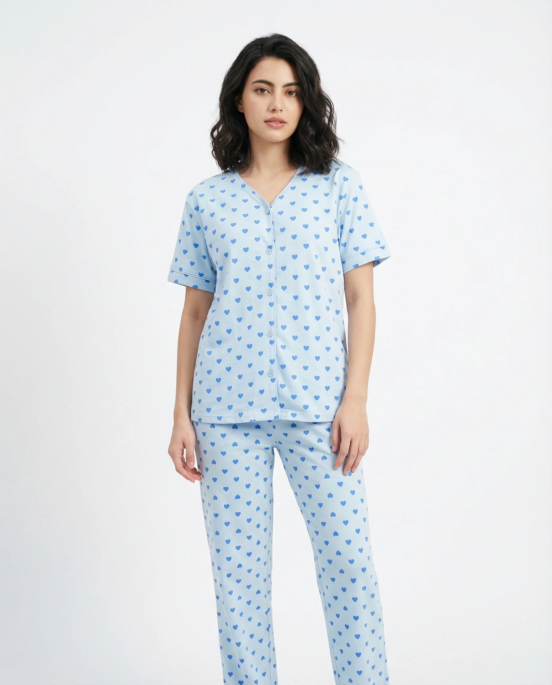 Sajiero Cotton PJ Set Heart Bliss Blue