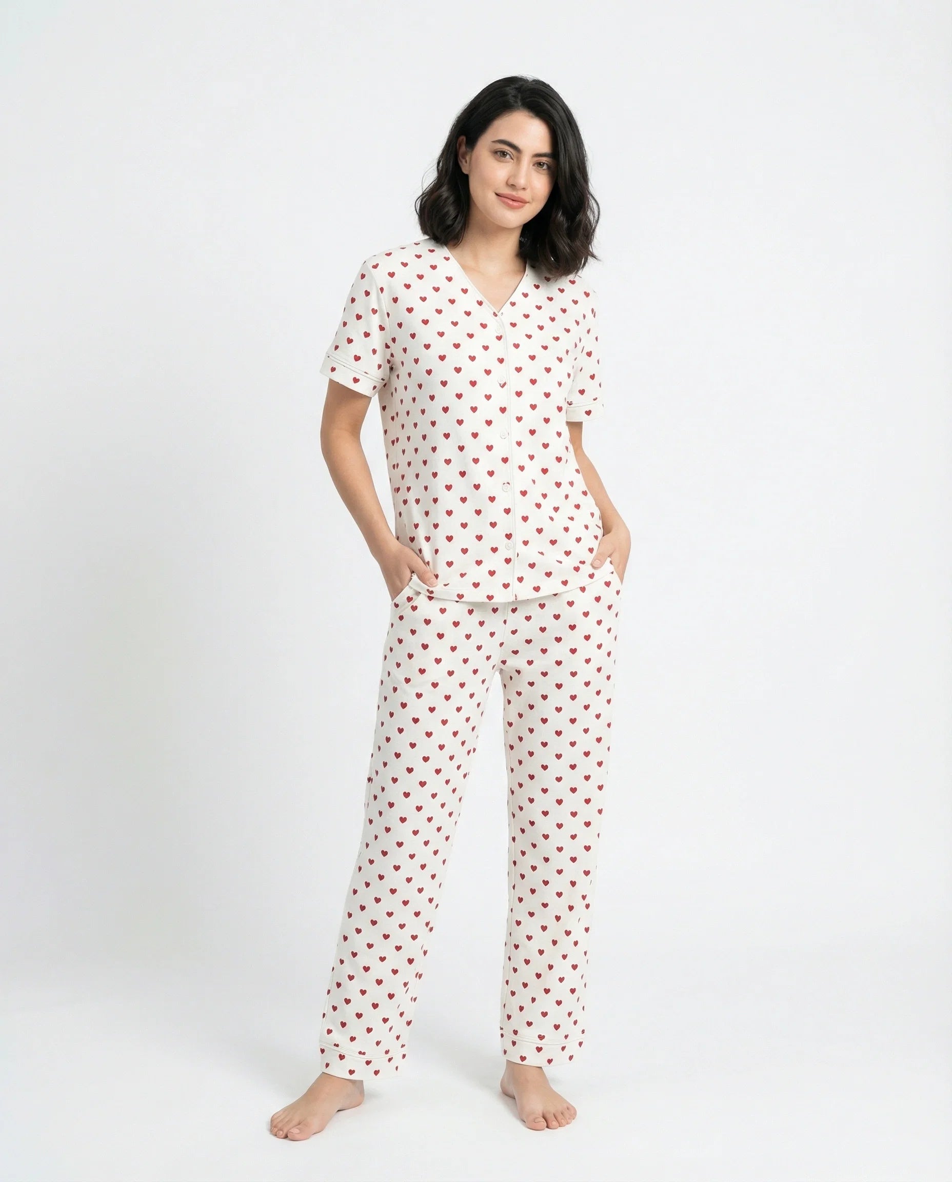 Sajiero Cotton PJ Set Heart Bliss White