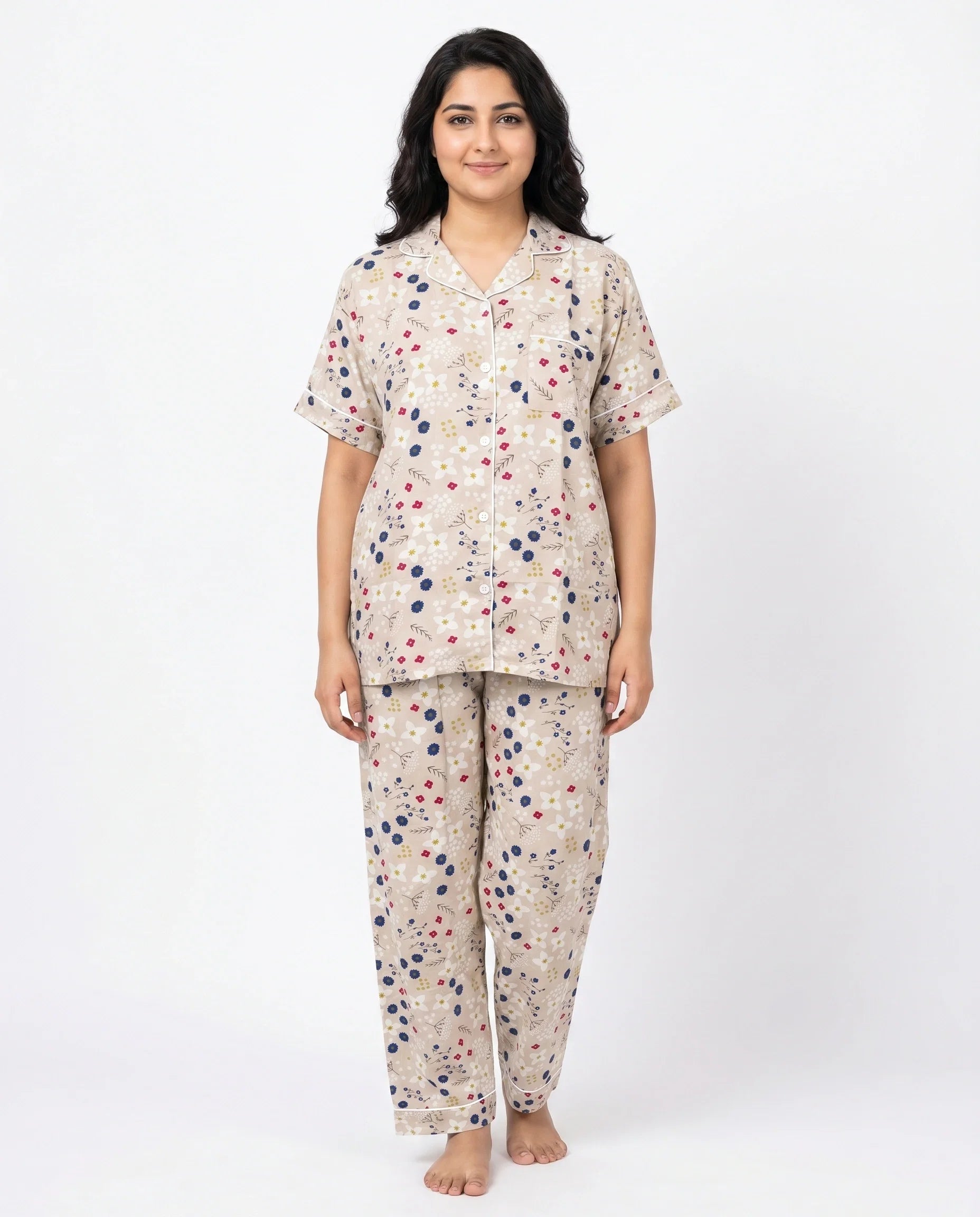Sajiero Linen PJ Set Floral Beige