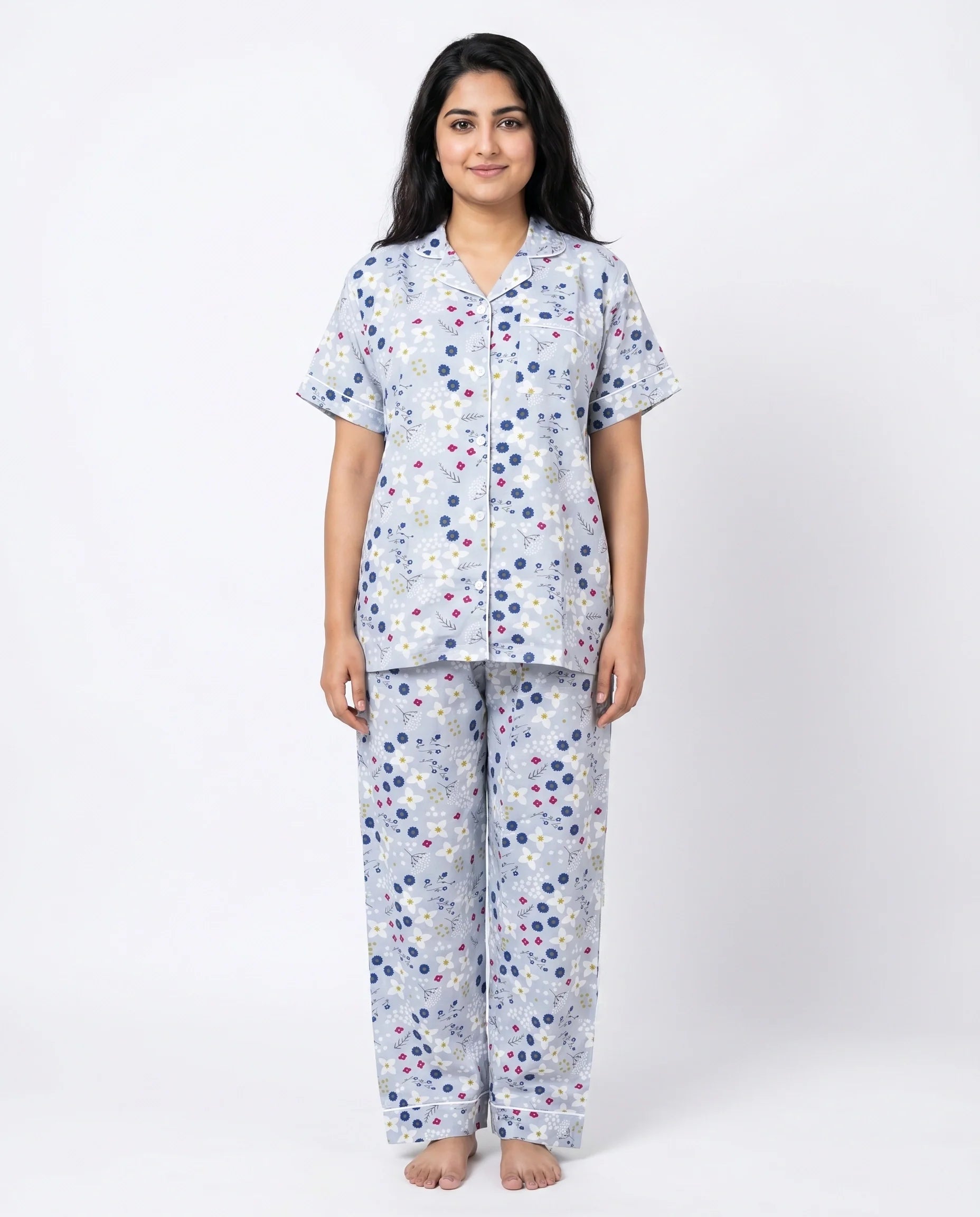 Sajiero Linen PJ Set Floral Grey
