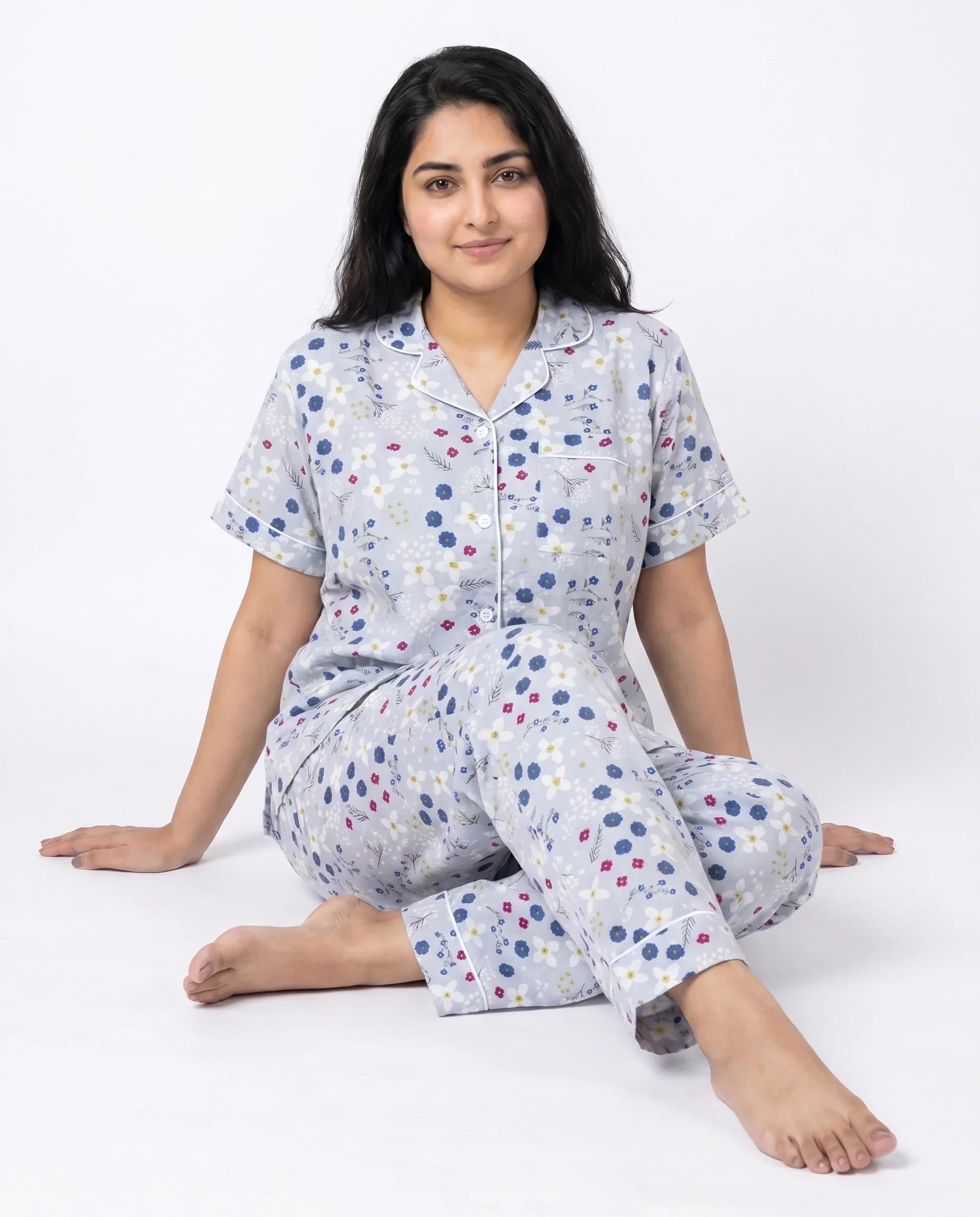 Sajiero Linen PJ Set Floral Grey