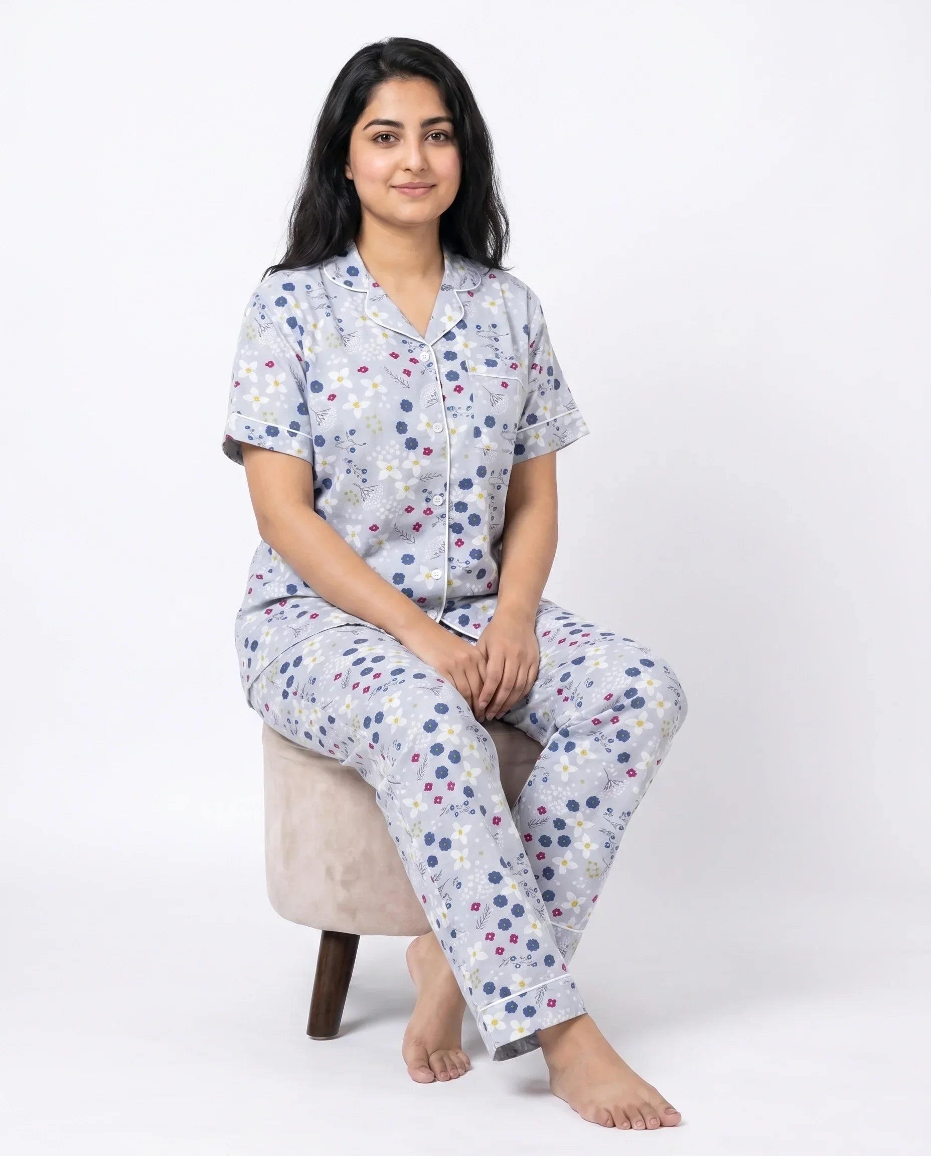 Sajiero Linen PJ Set Floral Grey