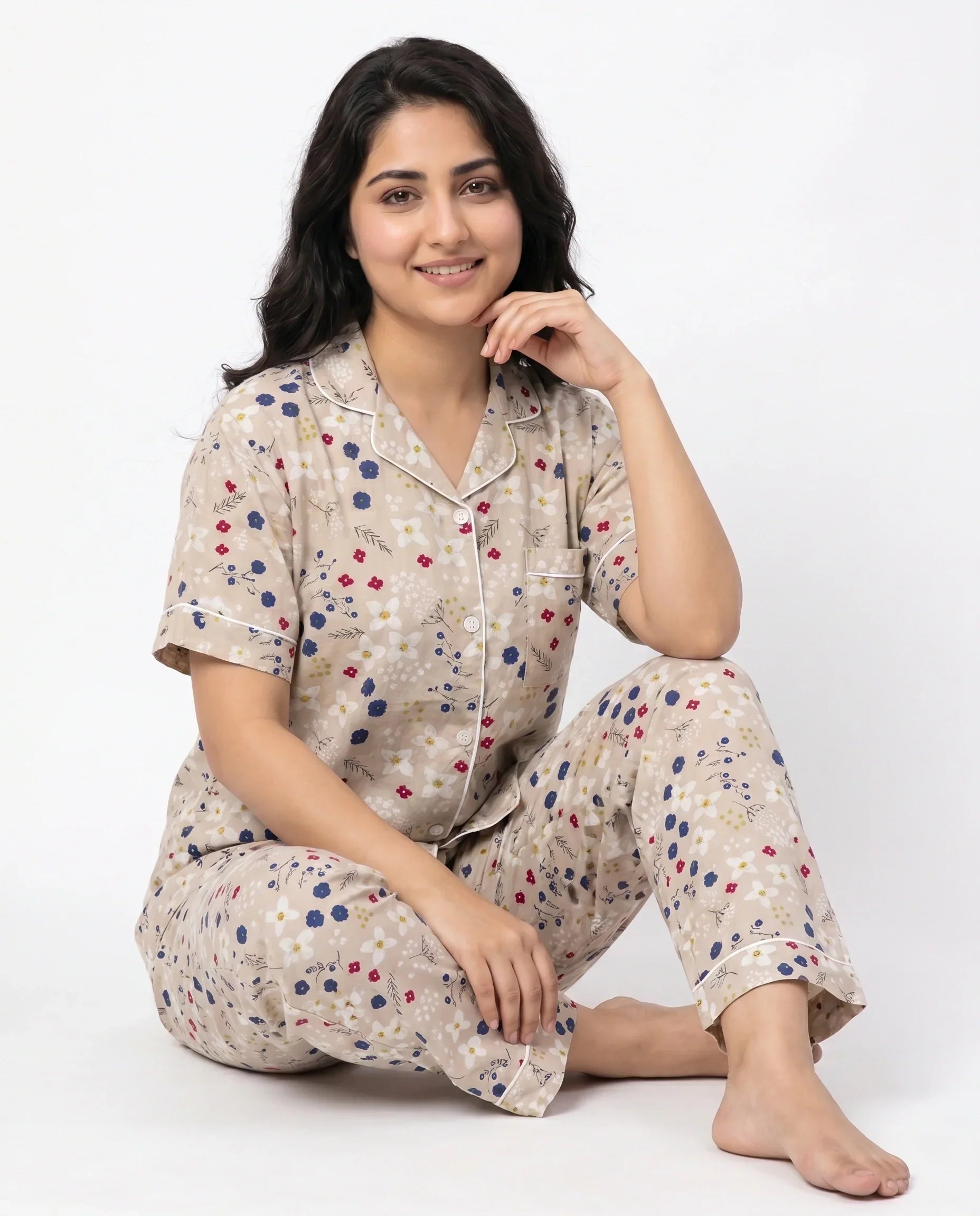 Sajiero Linen PJ Set Floral Beige
