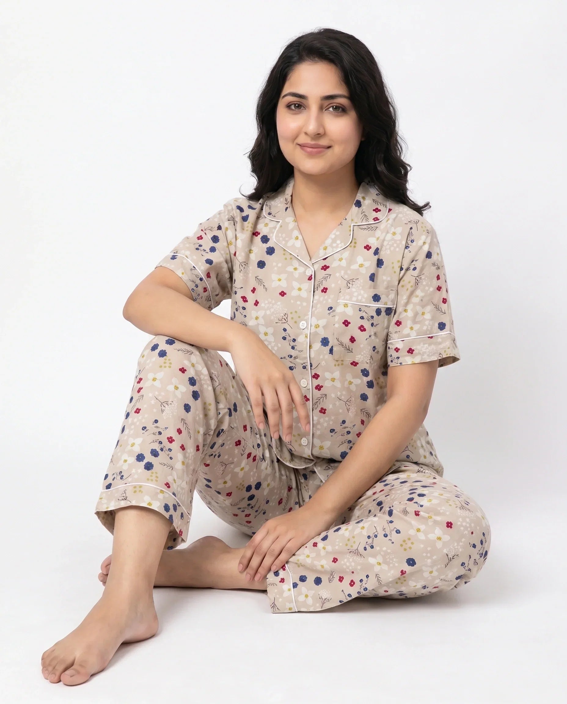 Sajiero Linen PJ Set Floral Beige