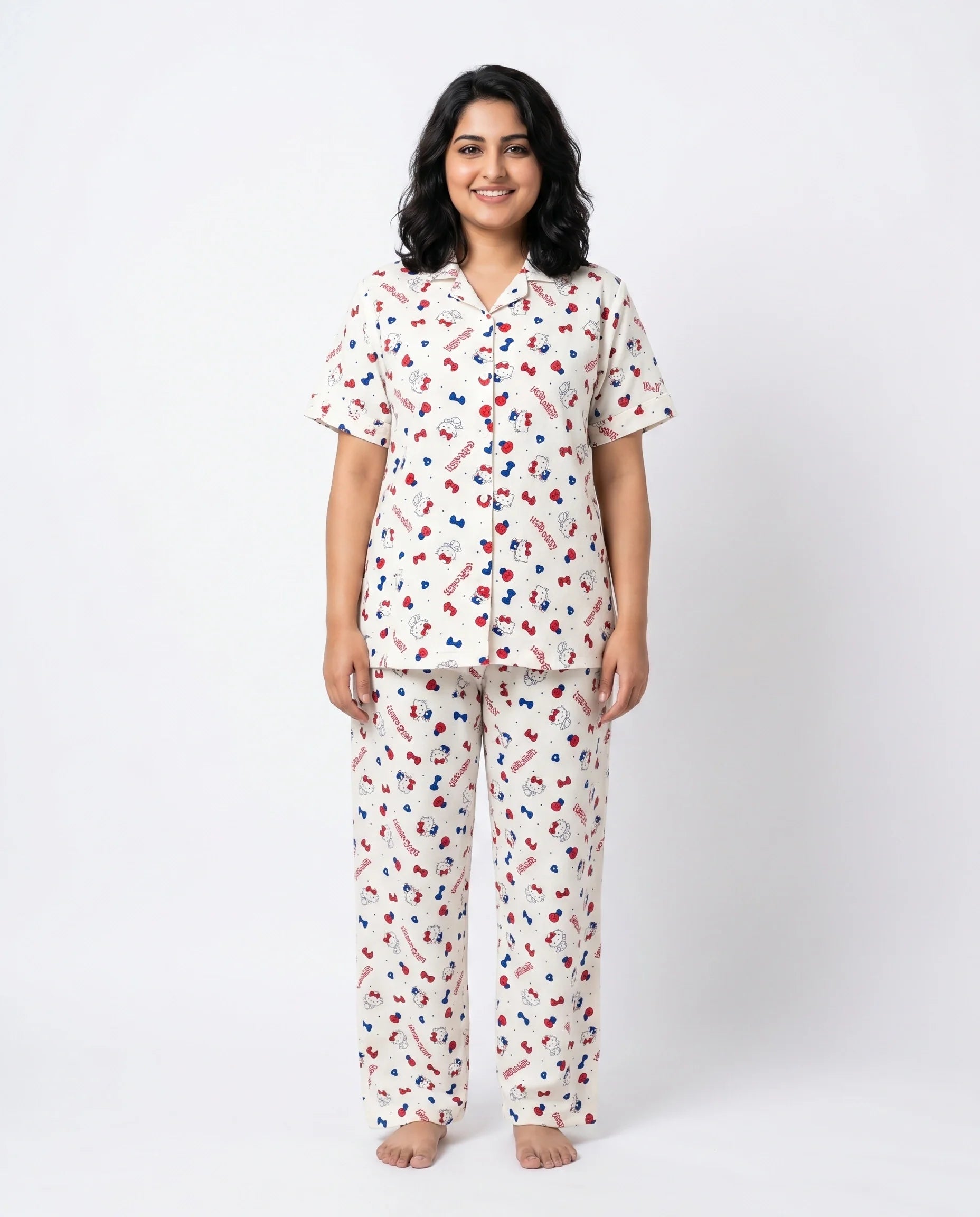 Sajiero Summer Crinkled Pajama Suit Kitty Charm