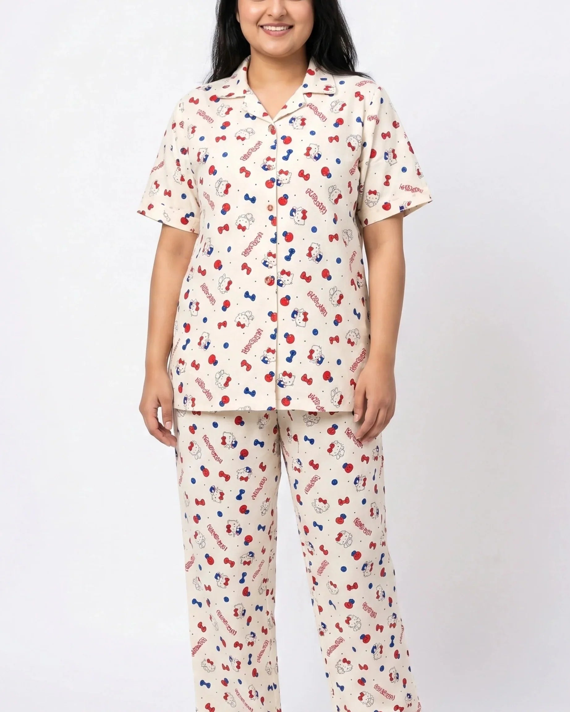 Sajiero Summer Crinkled Pajama Suit Kitty Charm