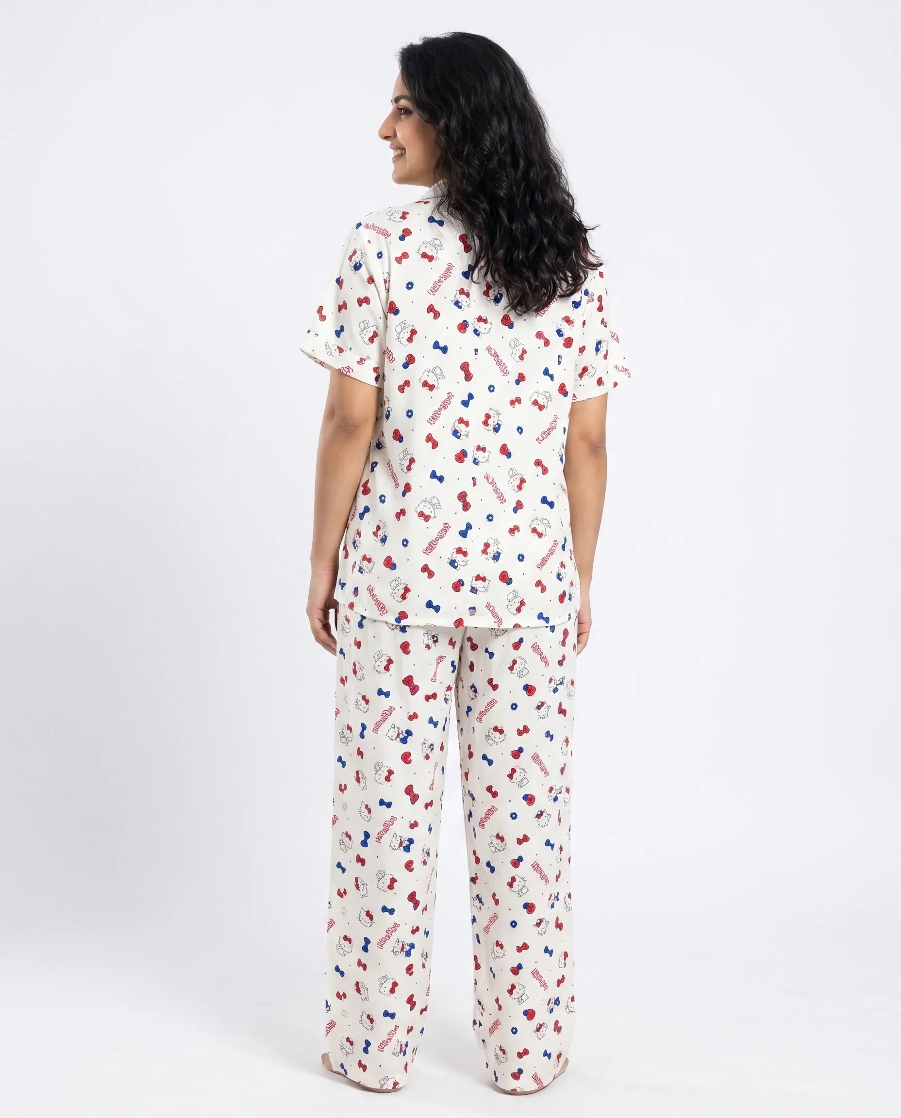Sajiero Summer Crinkled Pajama Suit Kitty Charm