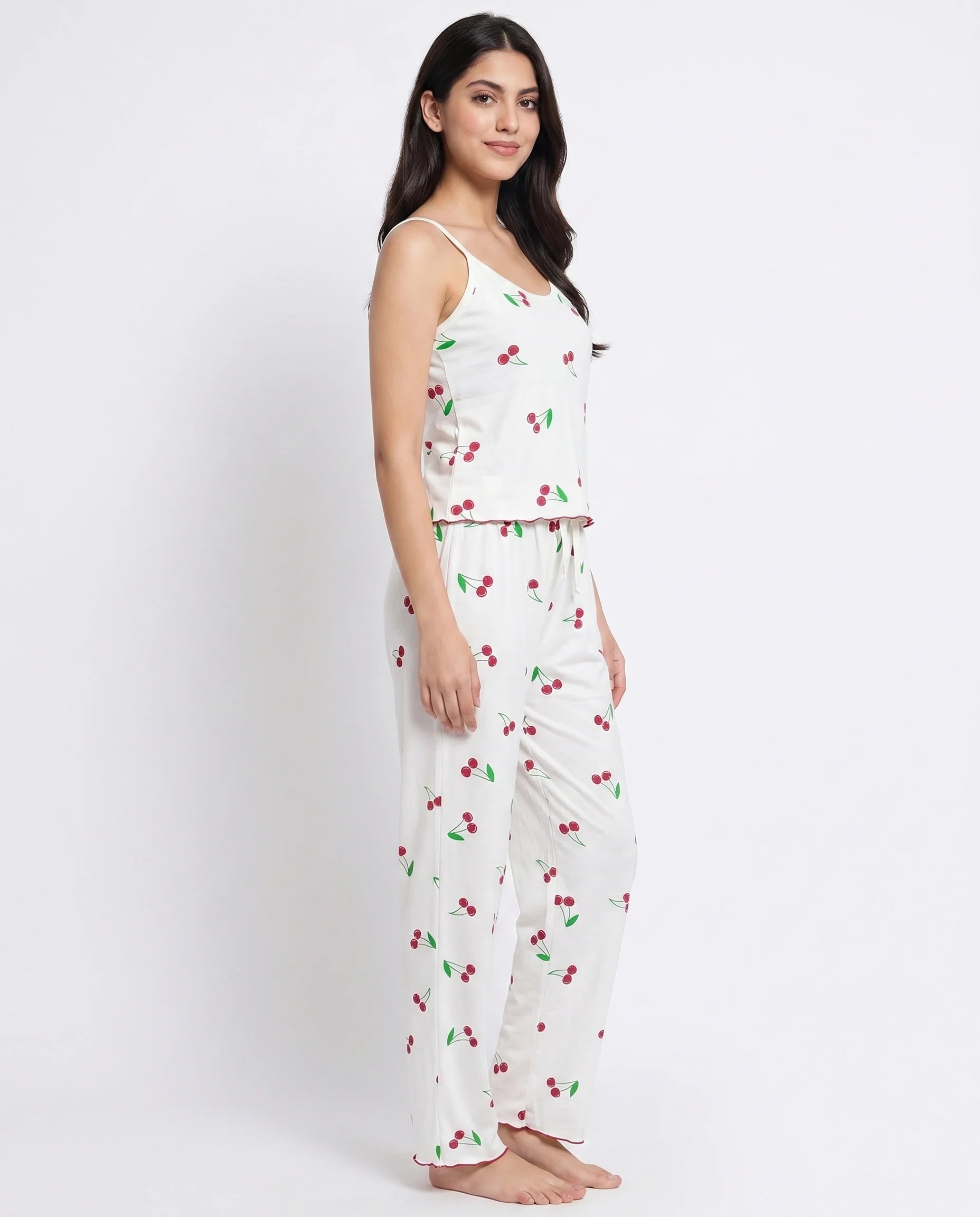 Sajiero Cotton Sleeveless PJ Set Cherry Bliss White