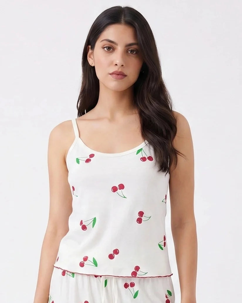 Sajiero Cotton Sleeveless PJ Set Cherry Bliss White