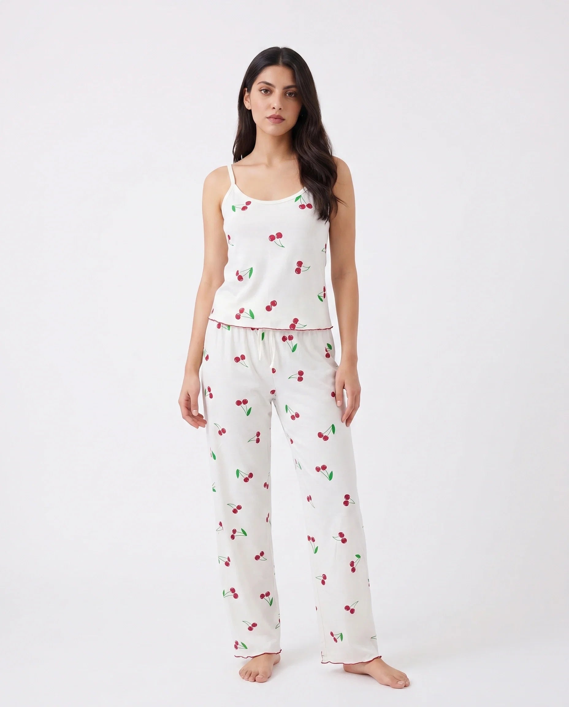 Sajiero Cotton Sleeveless PJ Set Cherry Bliss White