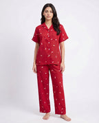 Sajiero Linen Pajama Suit Flower Bloom Red