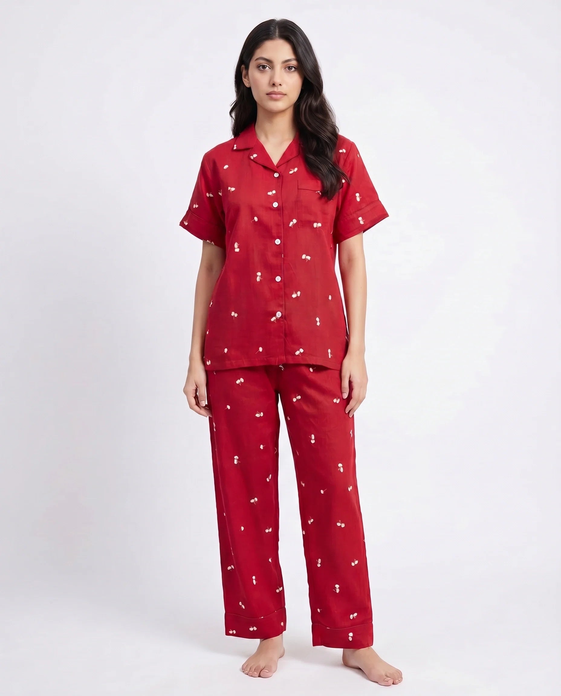 Sajiero Linen Pajama Suit Flower Bloom Red