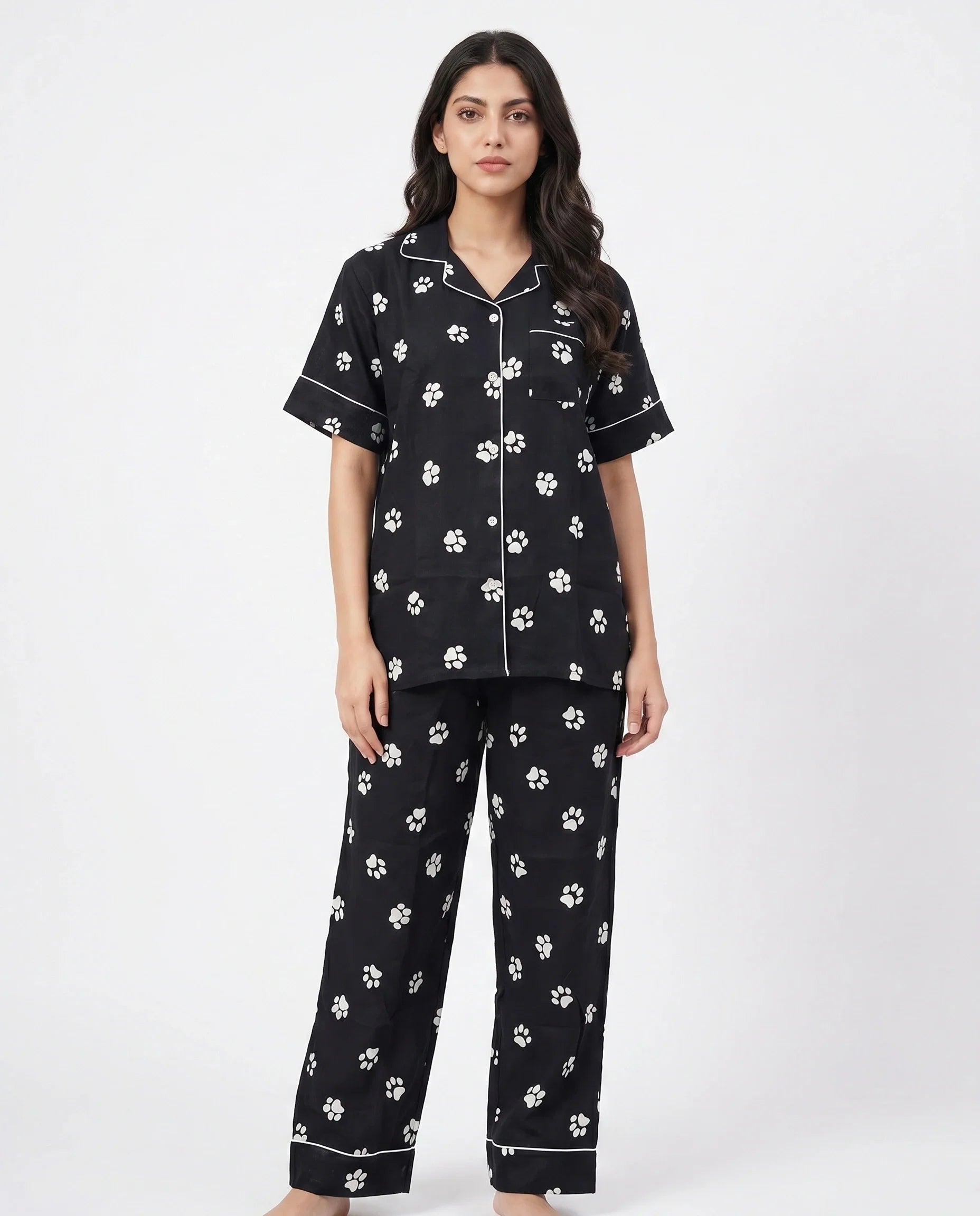 Sajiero Linen Pajama Suit Pawsette Black