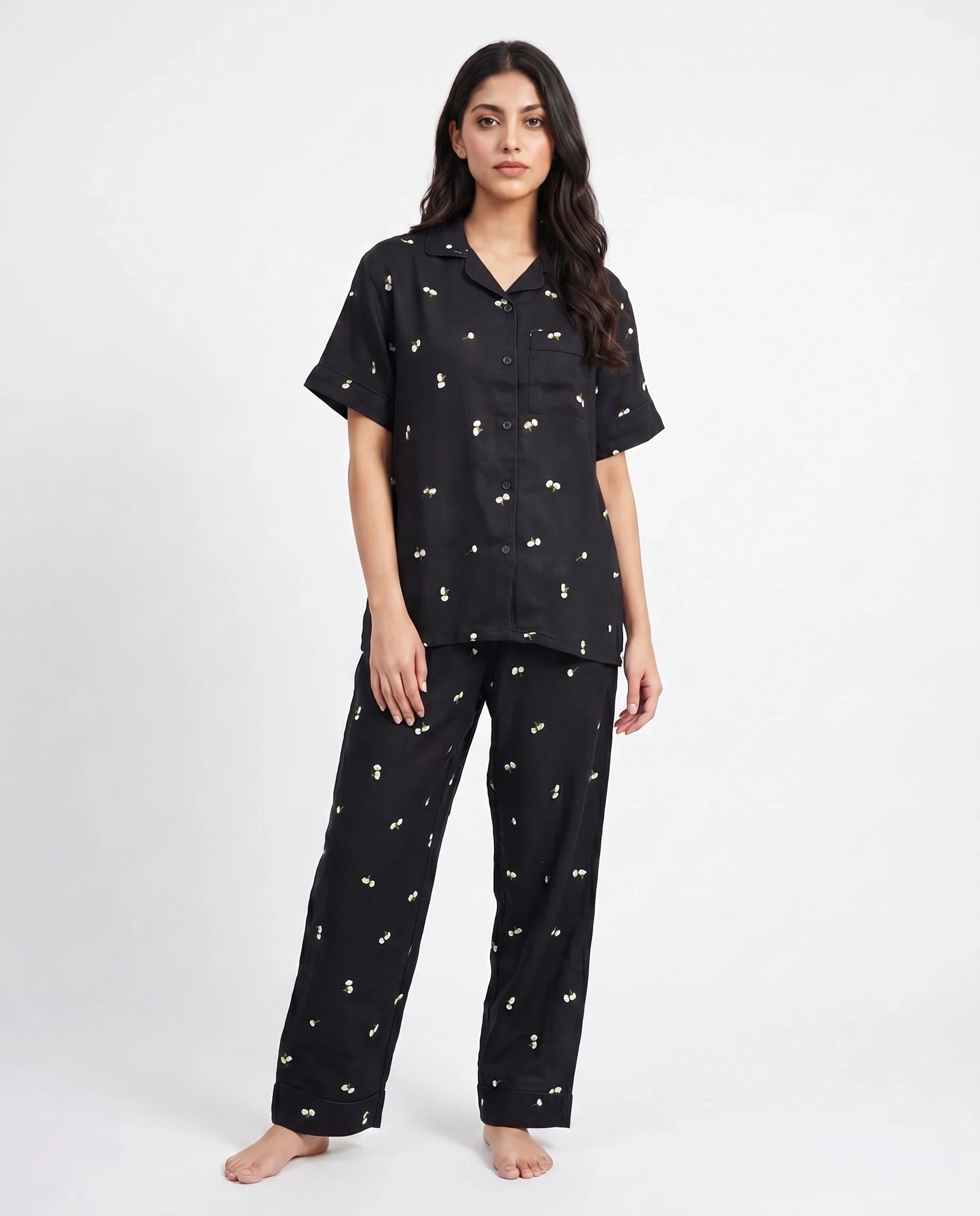 Sajiero Linen Pajama Suit Moonlight Bloom Black